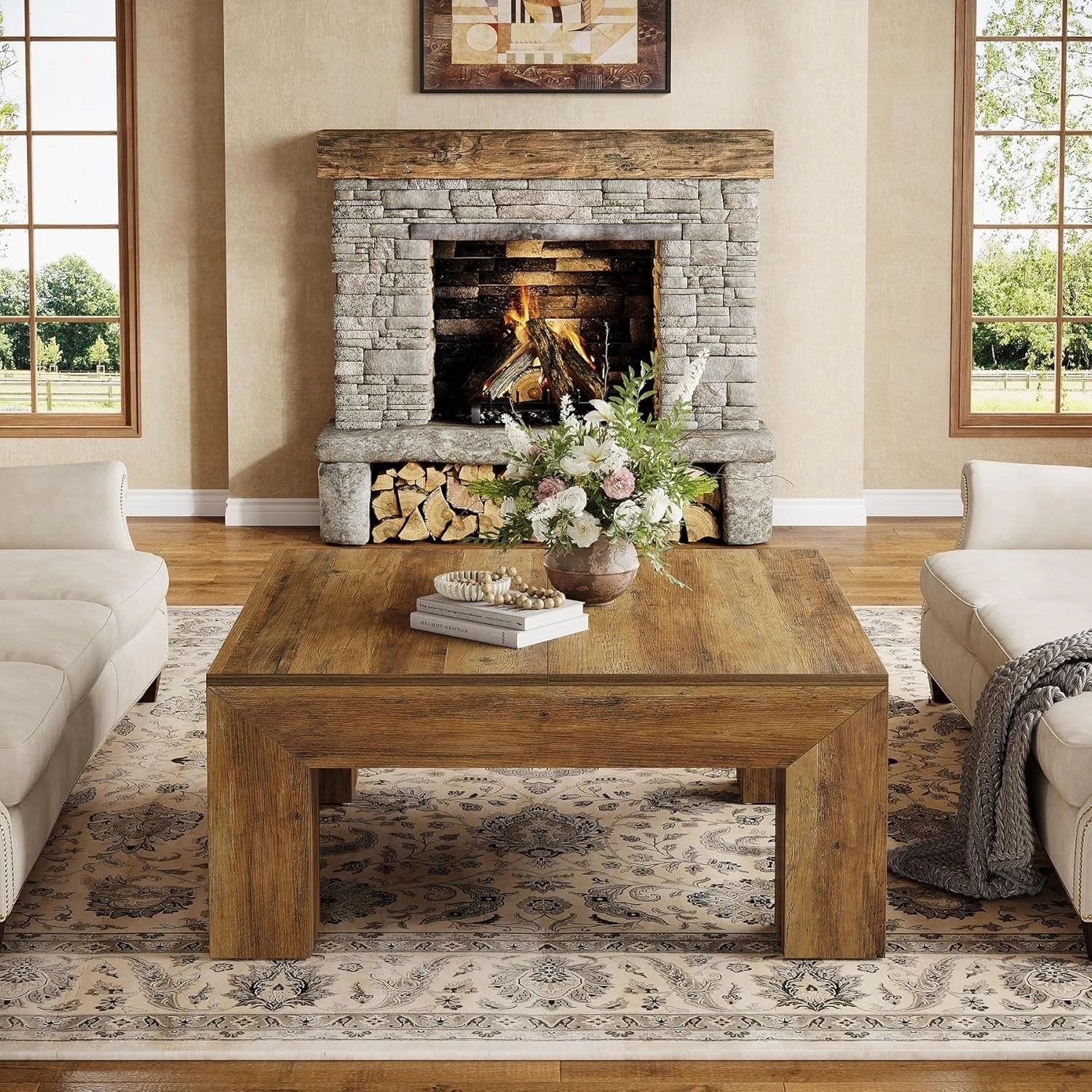 39.4-Inch Square Coffee Table. Farmhouse All Wood Accent Center Cocktail Table