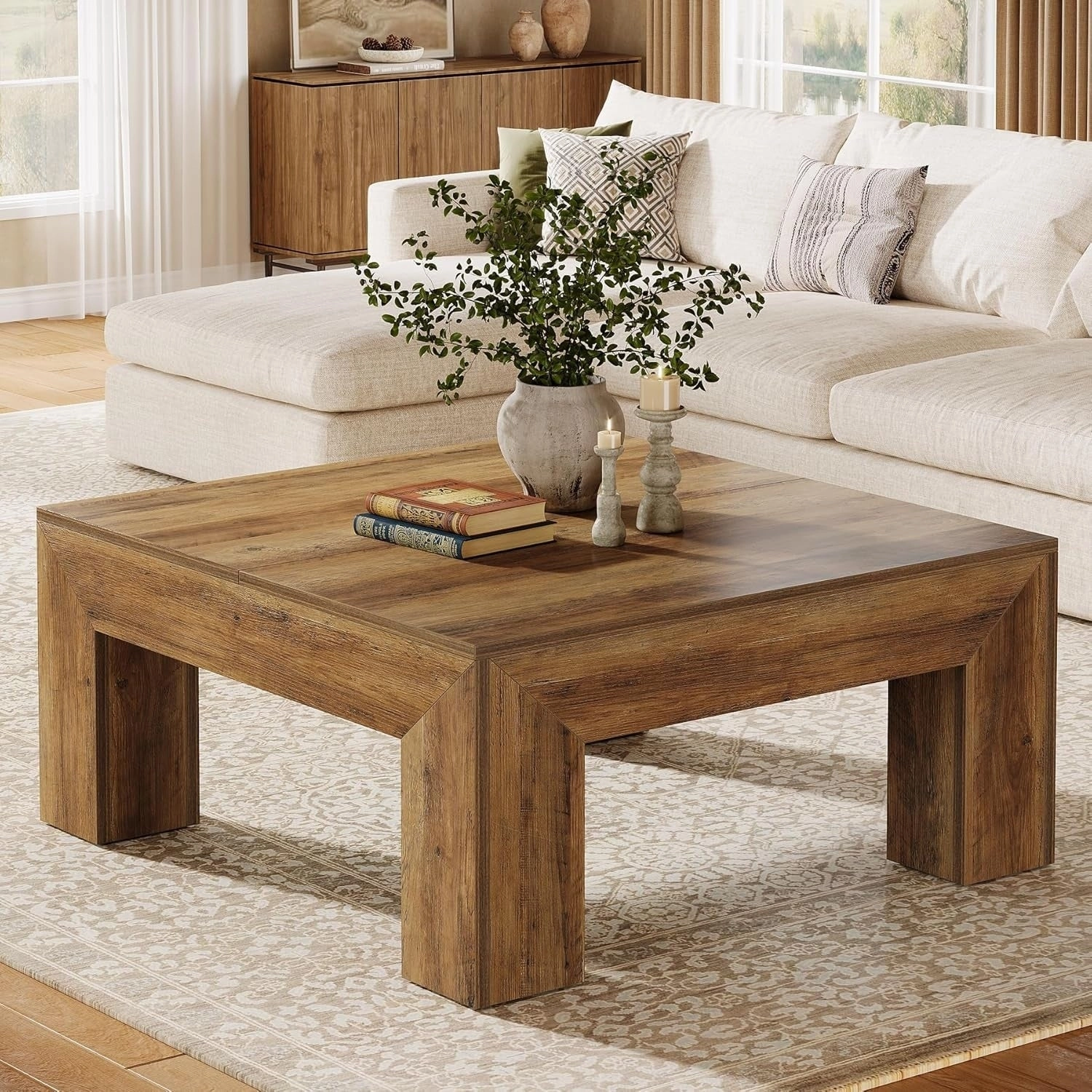39.4-Inch Square Coffee Table. Farmhouse All Wood Accent Center Cocktail Table