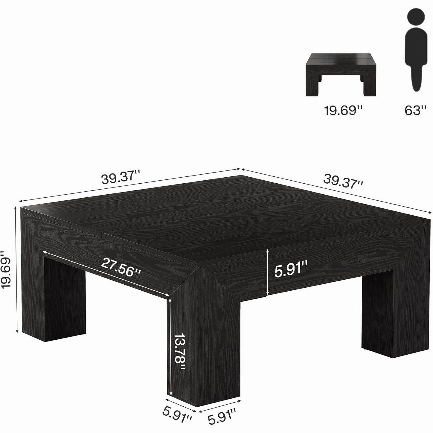 39.4-Inch Square Coffee Table. Farmhouse All Wood Accent Center Cocktail Table