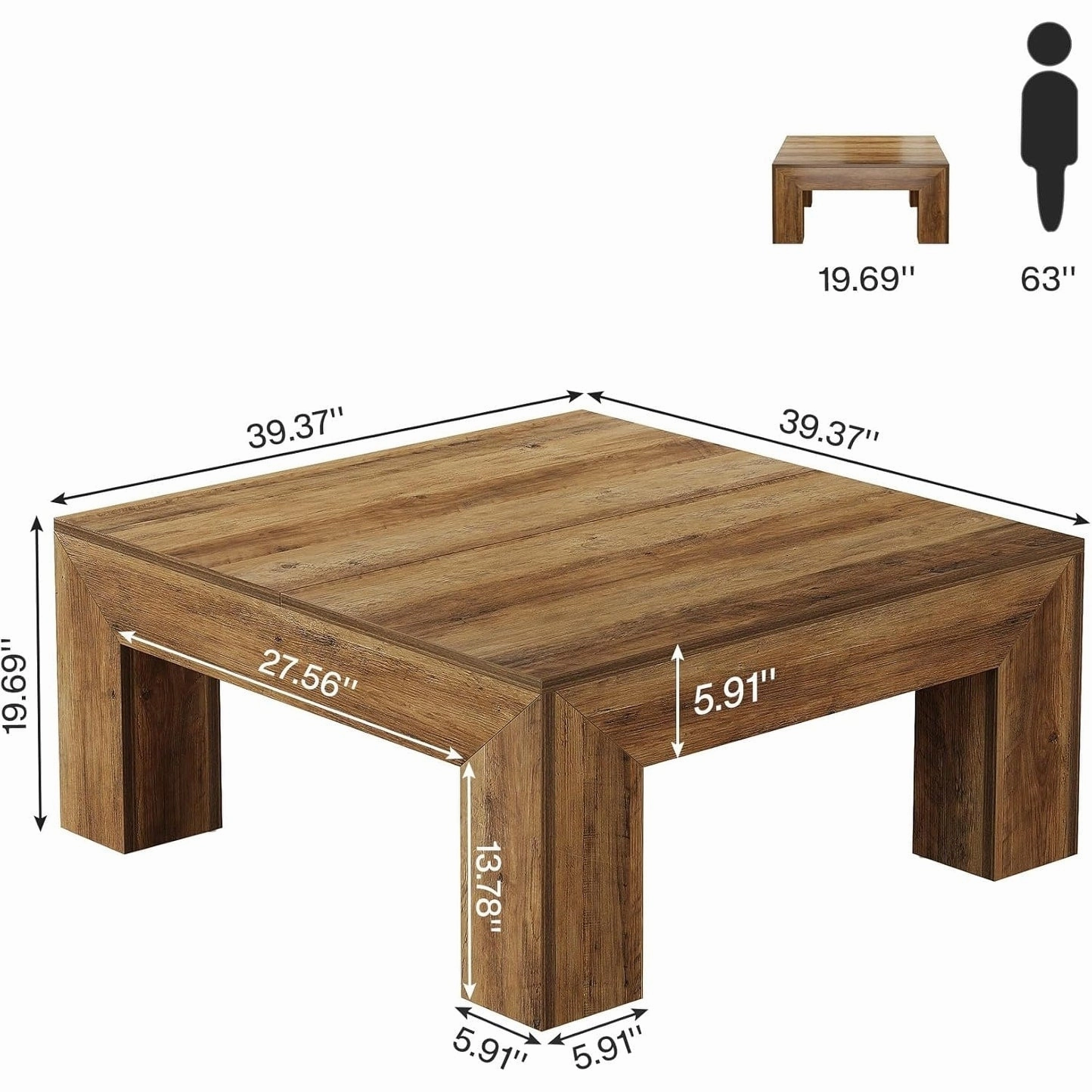 39.4-Inch Square Coffee Table. Farmhouse All Wood Accent Center Cocktail Table