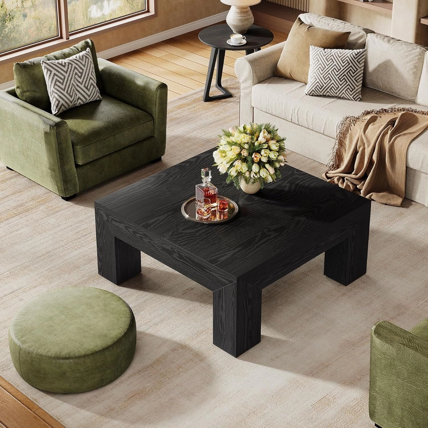 39.4-Inch Square Coffee Table. Farmhouse All Wood Accent Center Cocktail Table