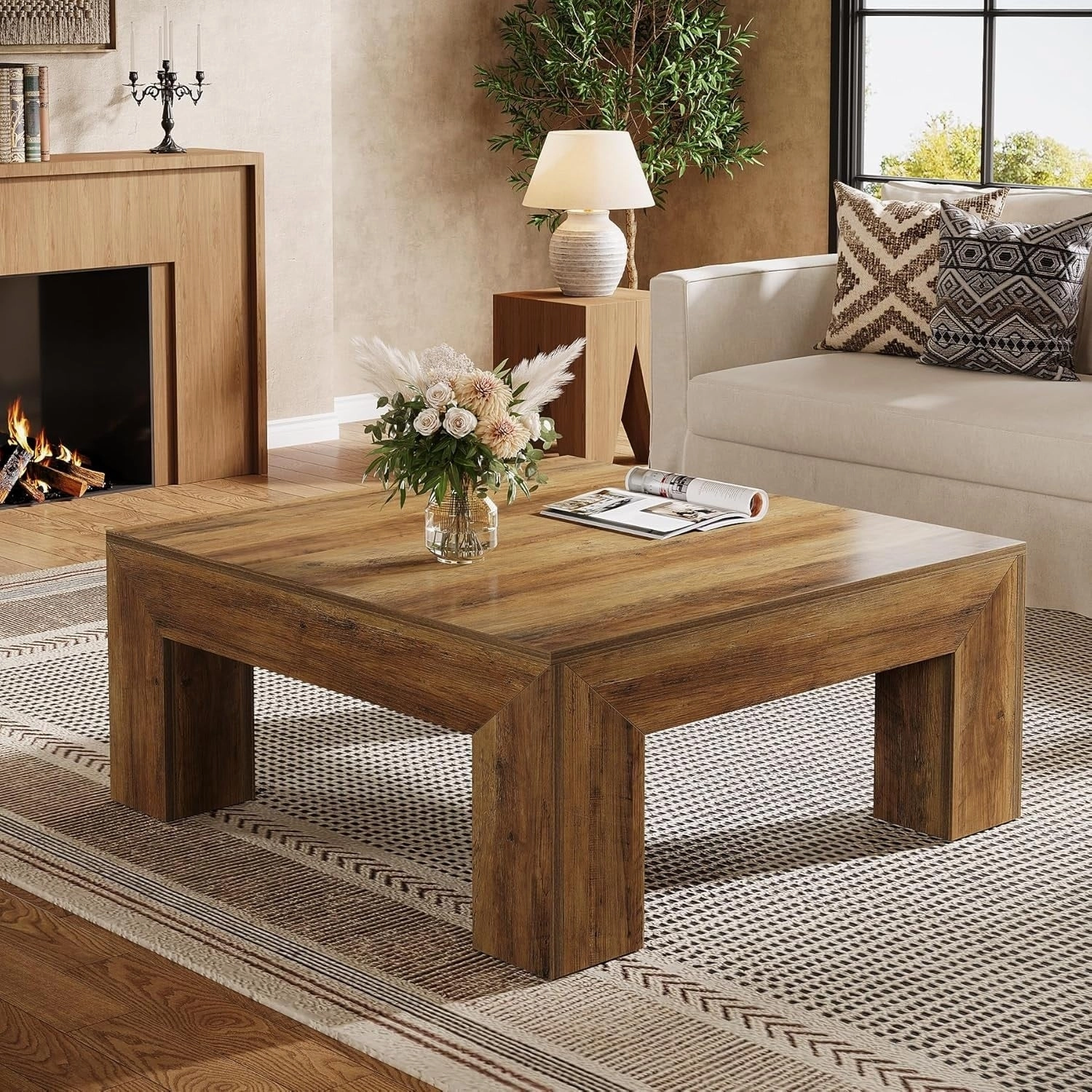 39.4-Inch Square Coffee Table. Farmhouse All Wood Accent Center Cocktail Table
