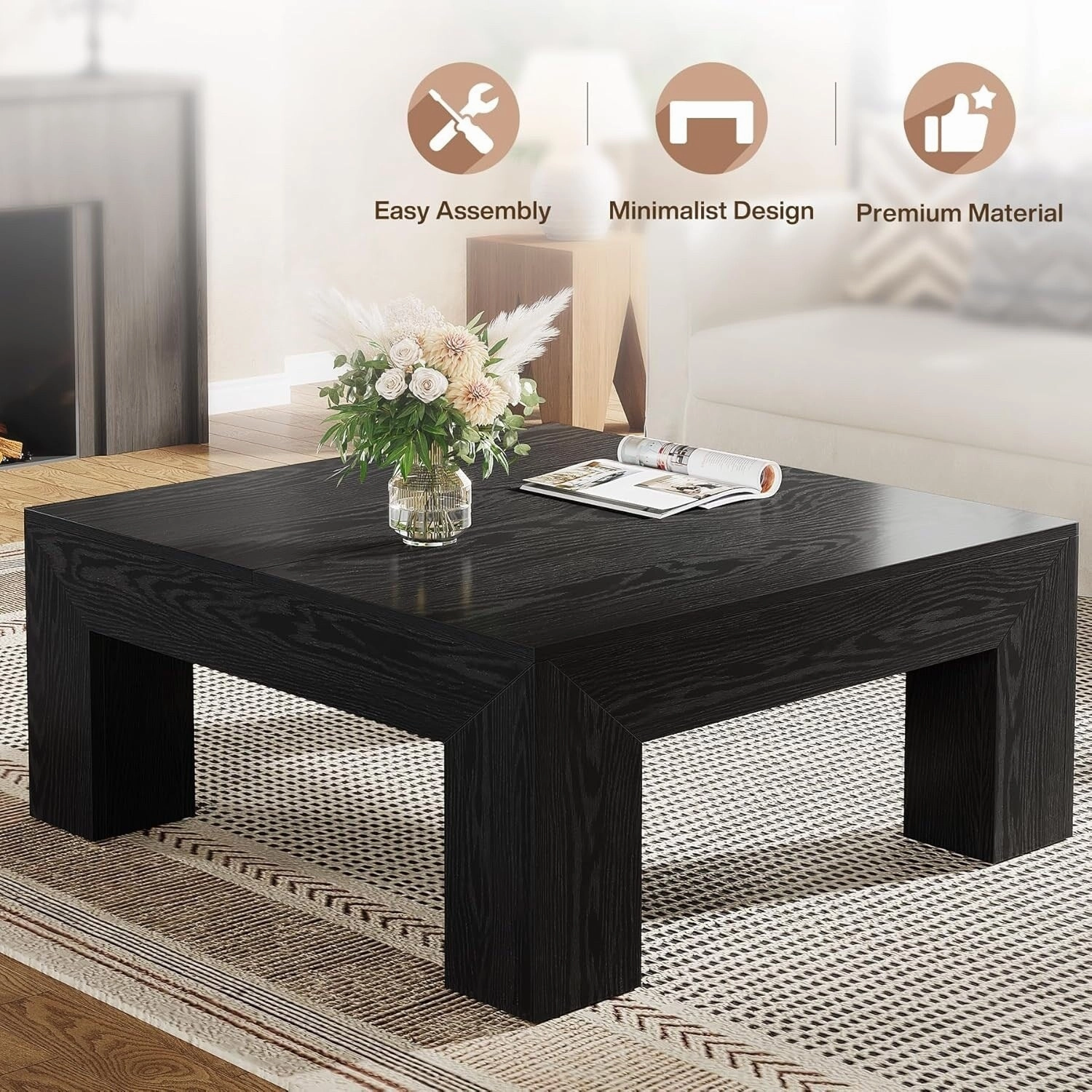 39.4-Inch Square Coffee Table. Farmhouse All Wood Accent Center Cocktail Table