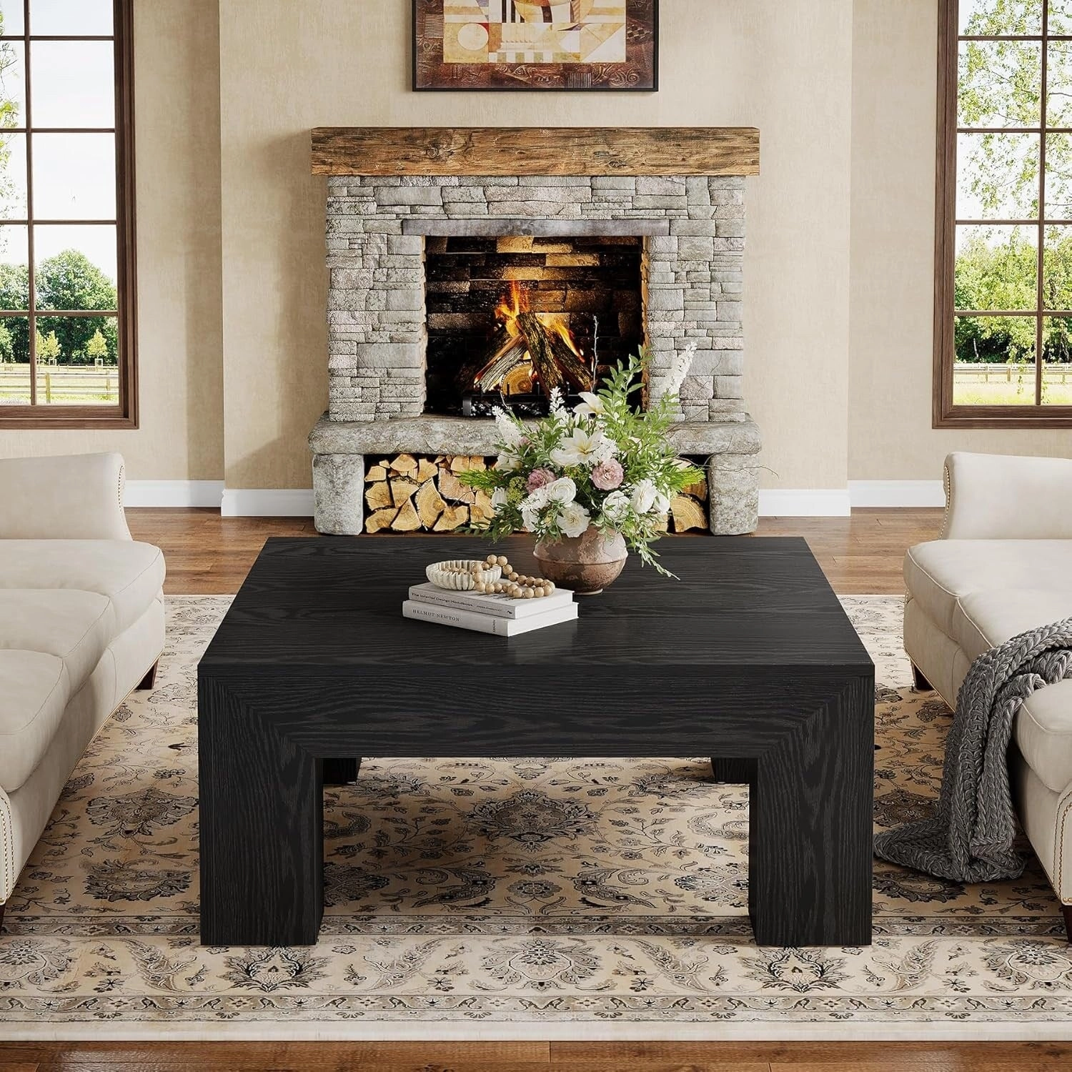 39.4-Inch Square Coffee Table. Farmhouse All Wood Accent Center Cocktail Table