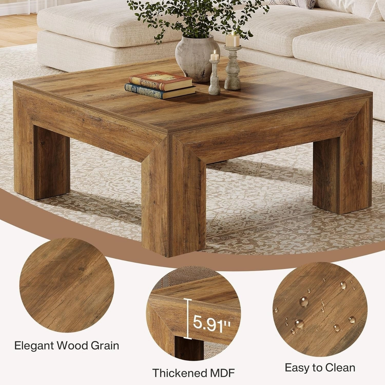 39.4-Inch Square Coffee Table. Farmhouse All Wood Accent Center Cocktail Table