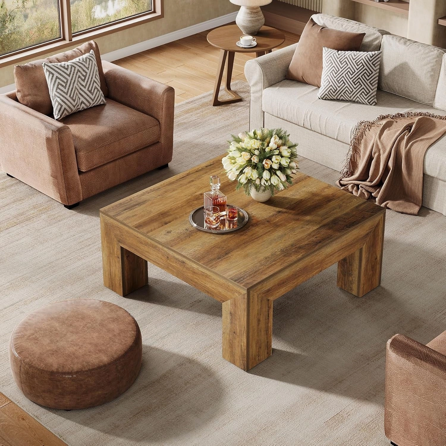39.4-Inch Square Coffee Table. Farmhouse All Wood Accent Center Cocktail Table