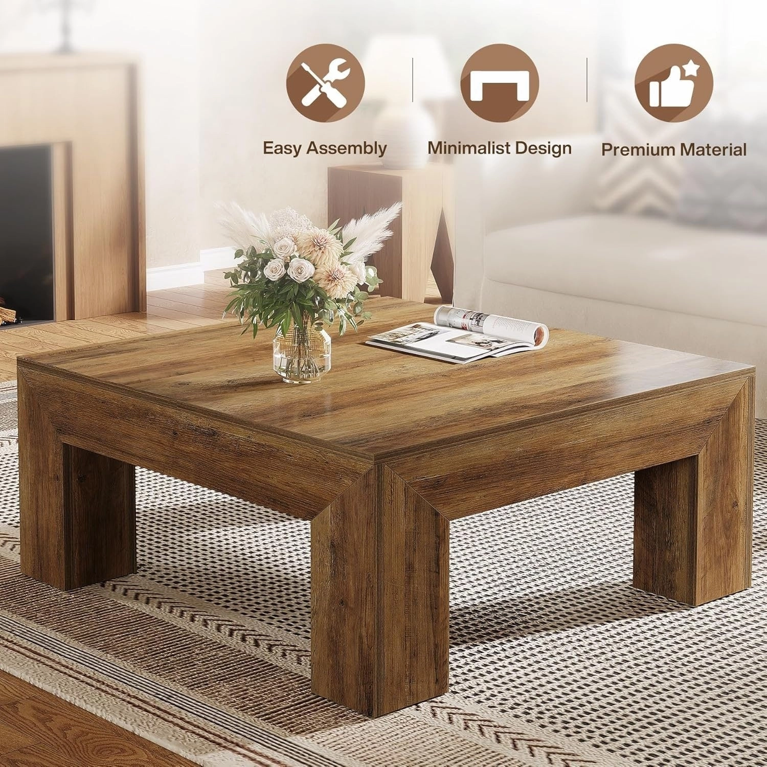 39.4-Inch Square Coffee Table. Farmhouse All Wood Accent Center Cocktail Table