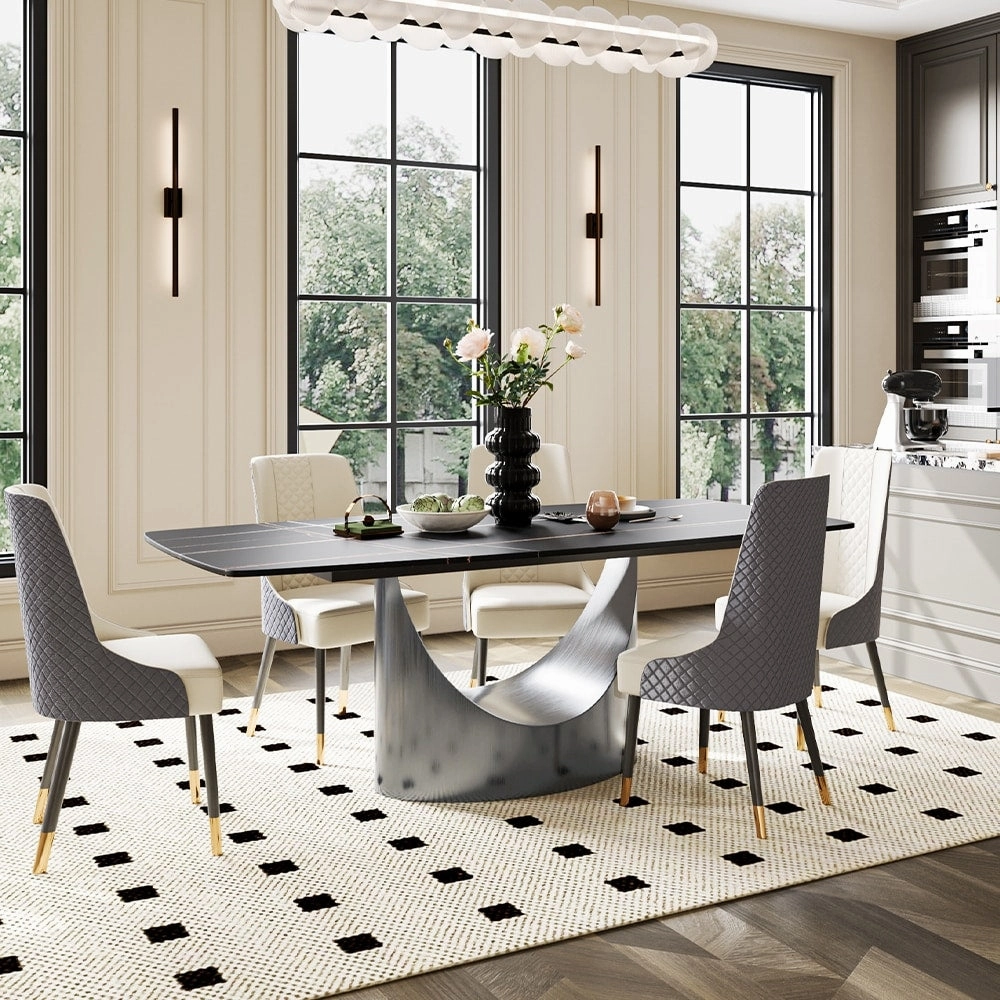 63-94 Hobart Modern Dining Table with Rectangular Sintered Stone Tabletop and Carbon Steel Leg for 4-10