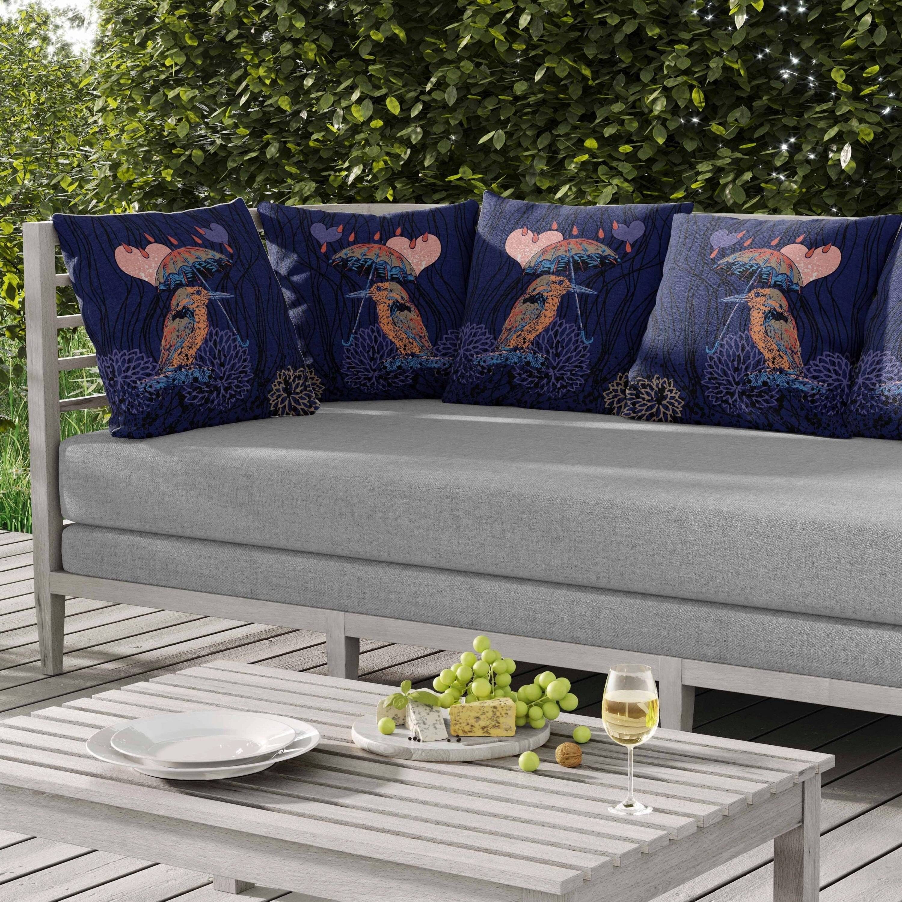 Bird with Umbrella Indoor/Outdoor Reversible Throw Pillow Blue and Orange