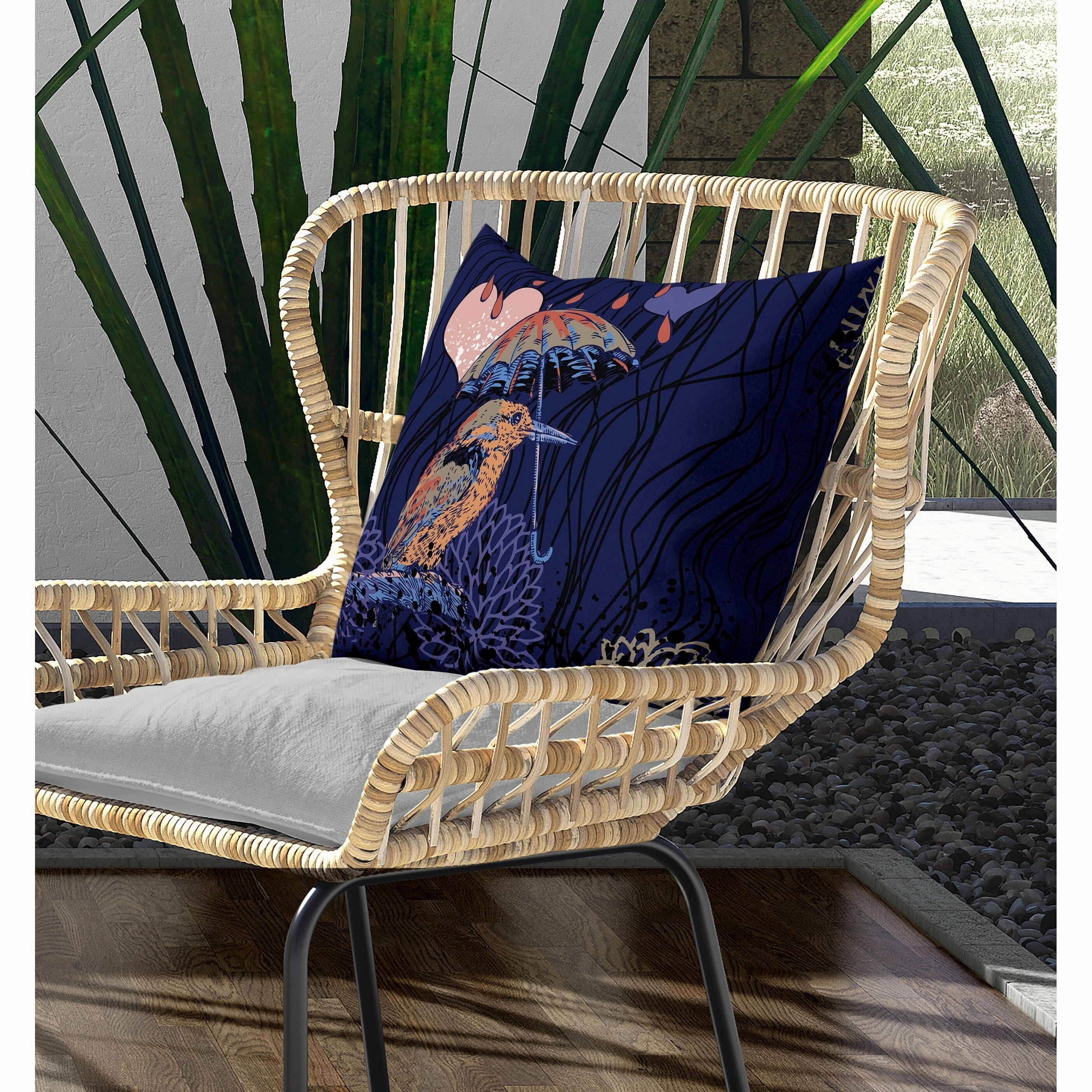 Bird with Umbrella Indoor/Outdoor Reversible Throw Pillow Blue and Orange