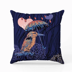 Bird with Umbrella Indoor/Outdoor Reversible Throw Pillow Blue and Orange