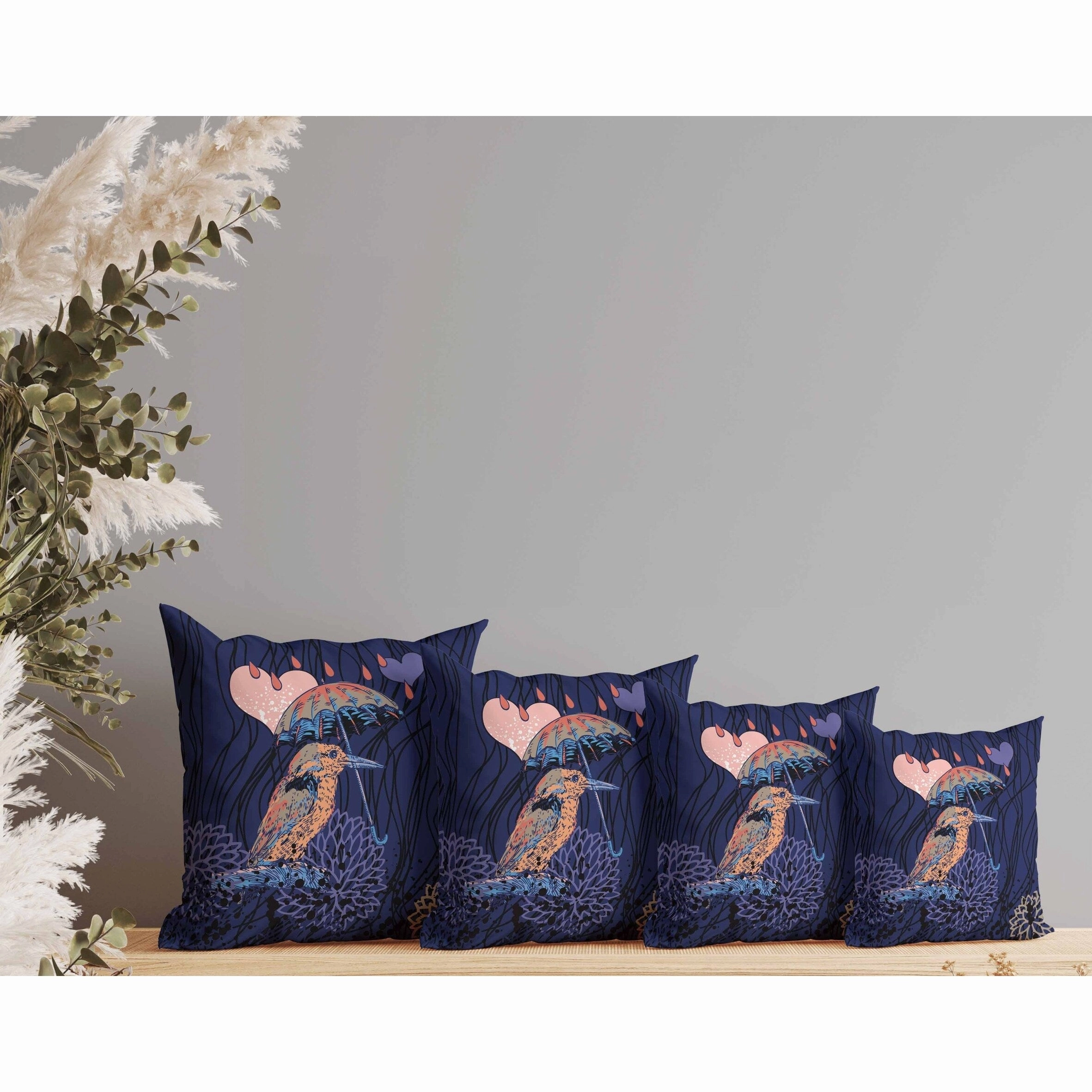 Bird with Umbrella Indoor/Outdoor Reversible Throw Pillow Blue and Orange