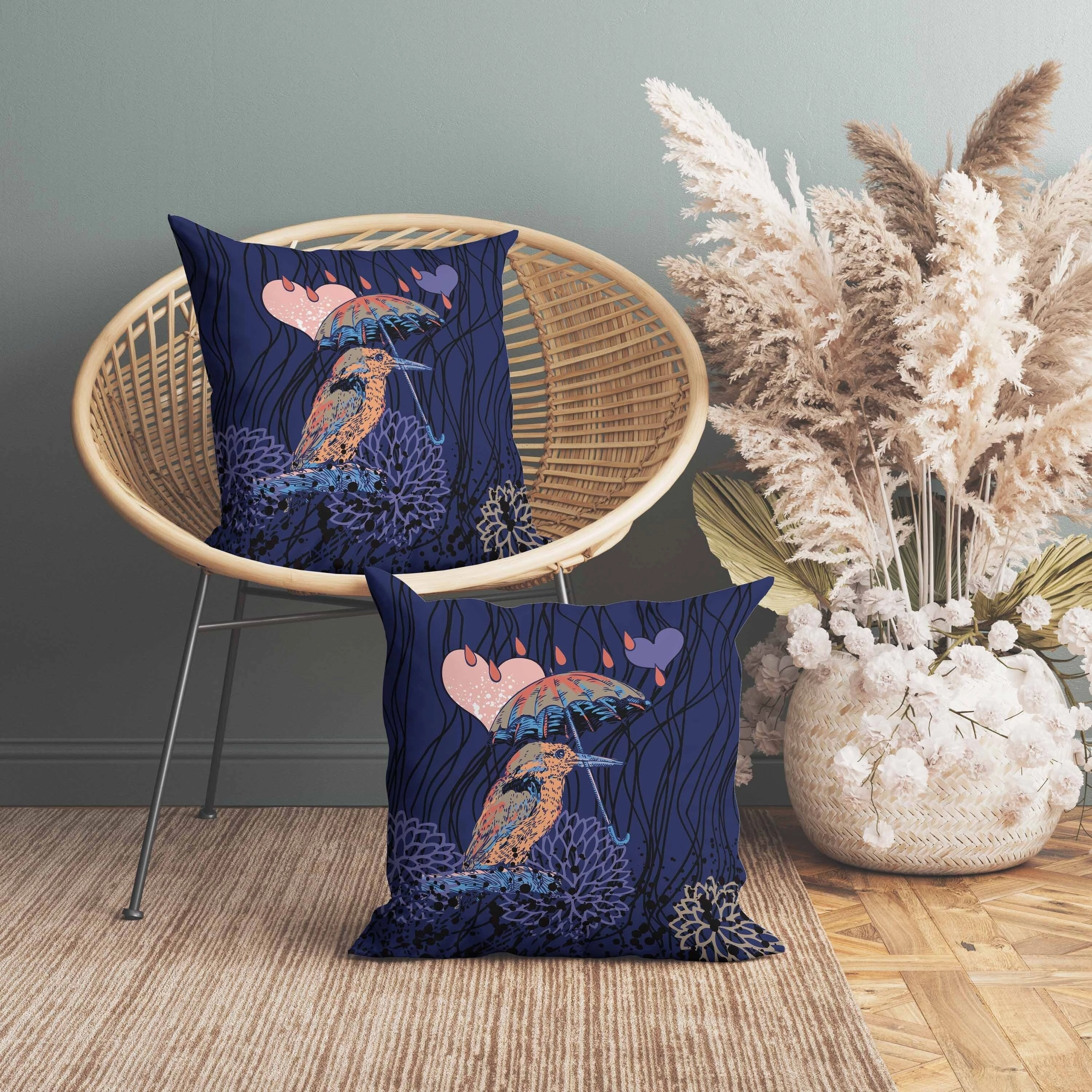 Bird with Umbrella Indoor/Outdoor Reversible Throw Pillow Blue and Orange
