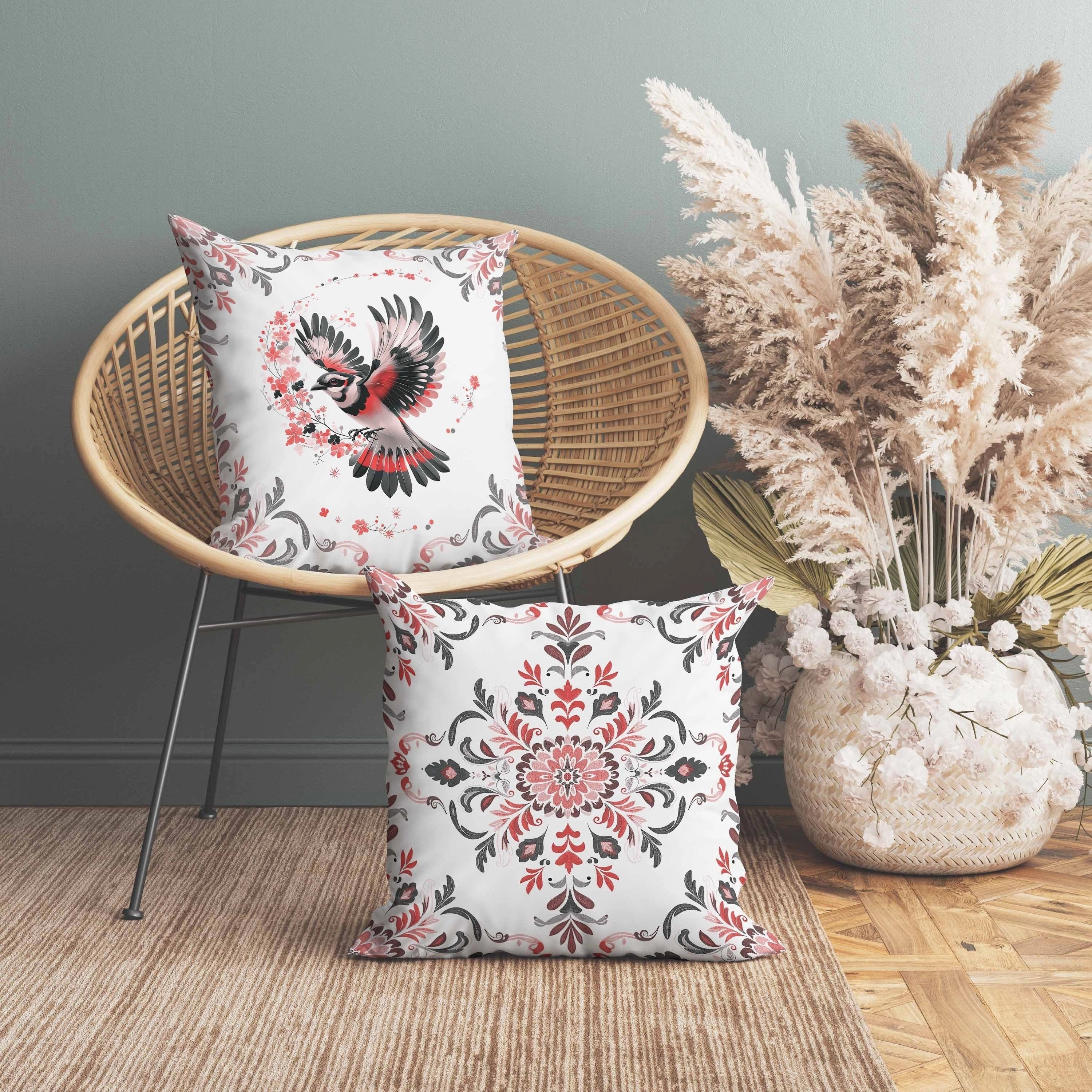 Blaze Bird Indoor/Outdoor Reversible Throw Pillow Pink and Gray