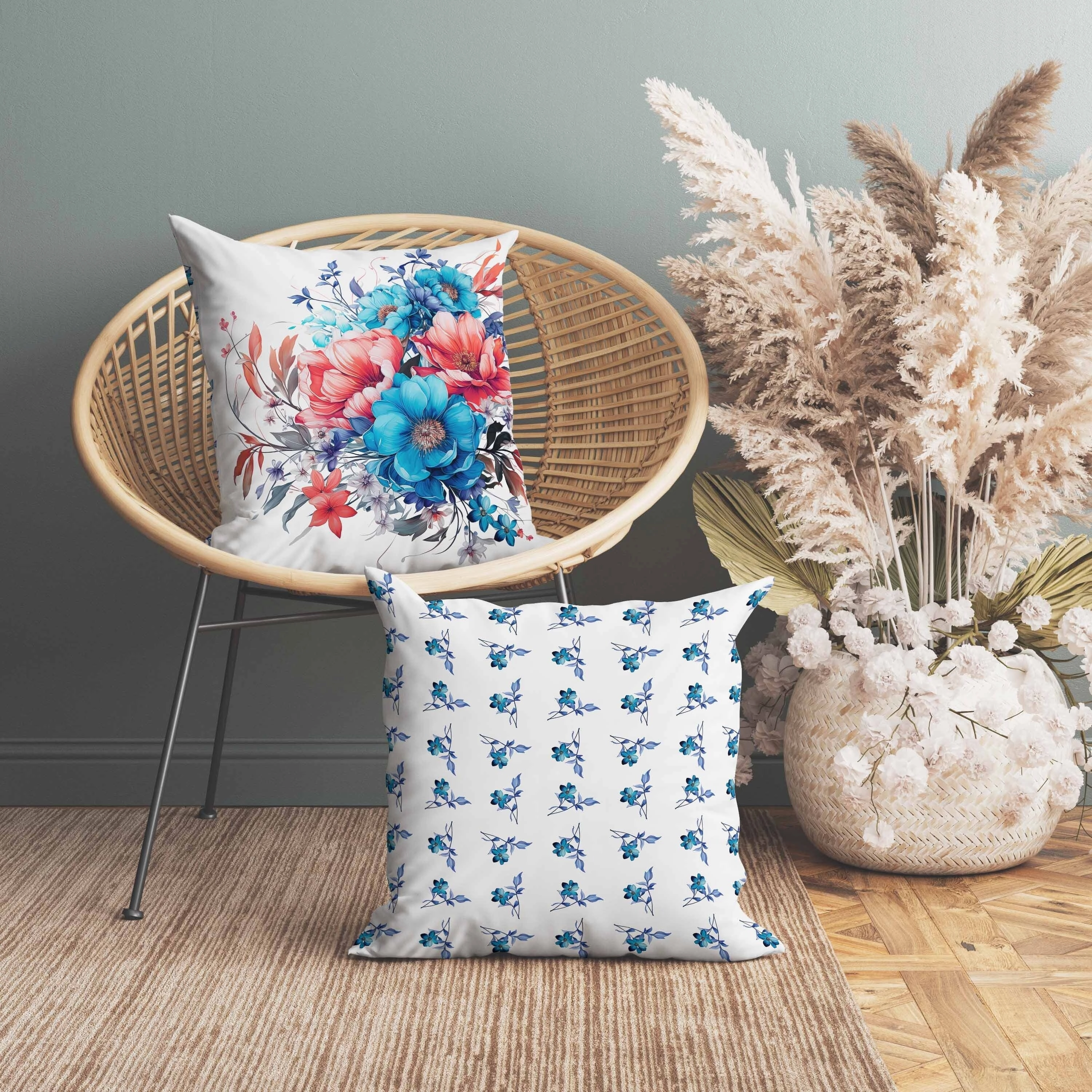 Blossom Burst Indoor/Outdoor Reversible Throw Pillow Blue and Red