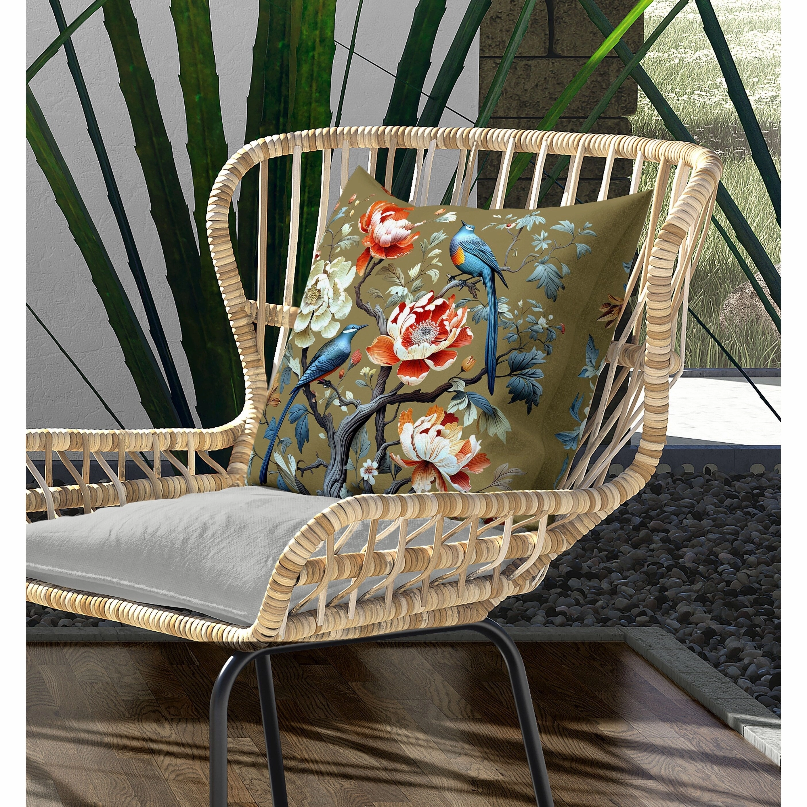 Botanical Bird Ensemble Indoor/Outdoor Reversible Throw Pillow Blue and Orange