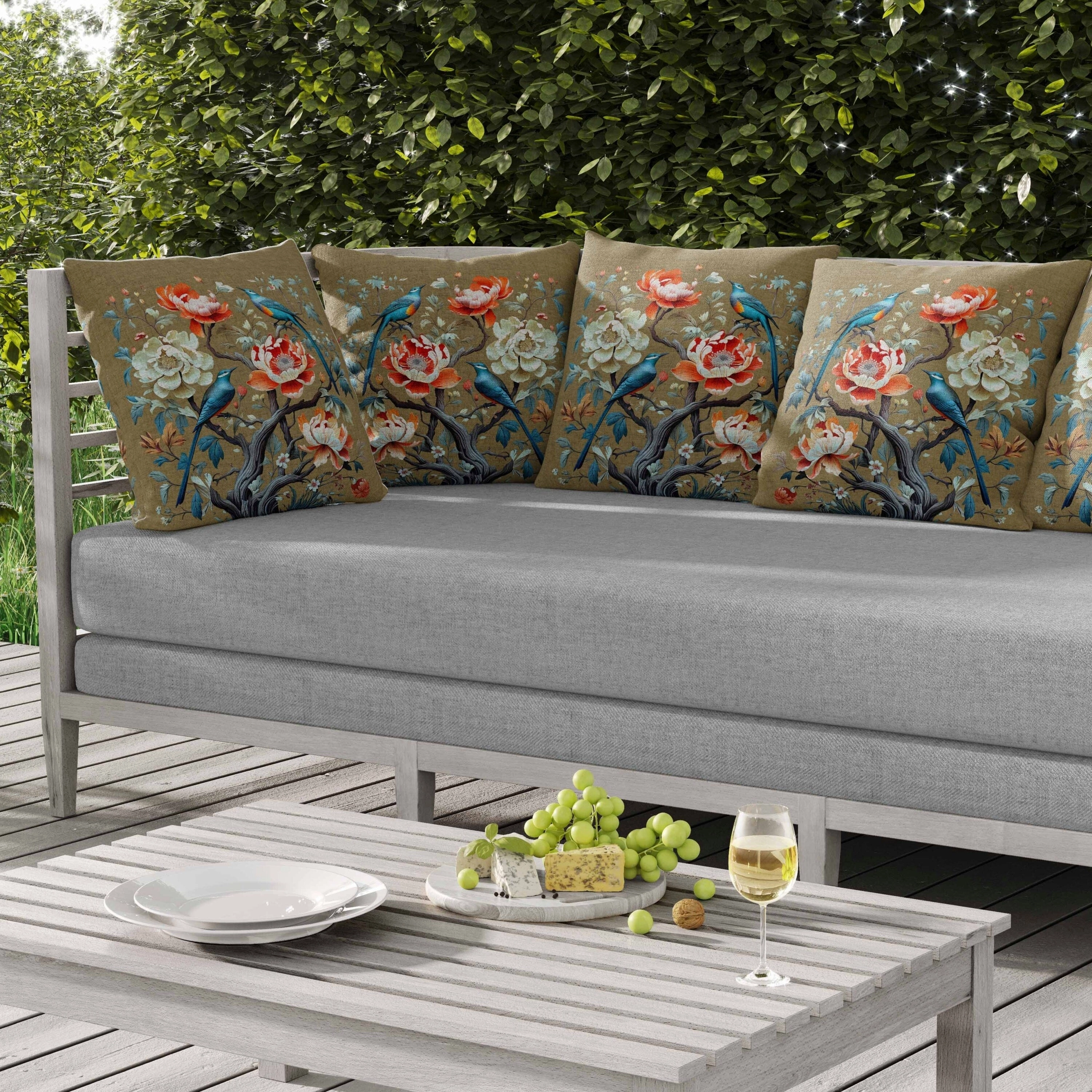 Botanical Bird Ensemble Indoor/Outdoor Reversible Throw Pillow Blue and Orange