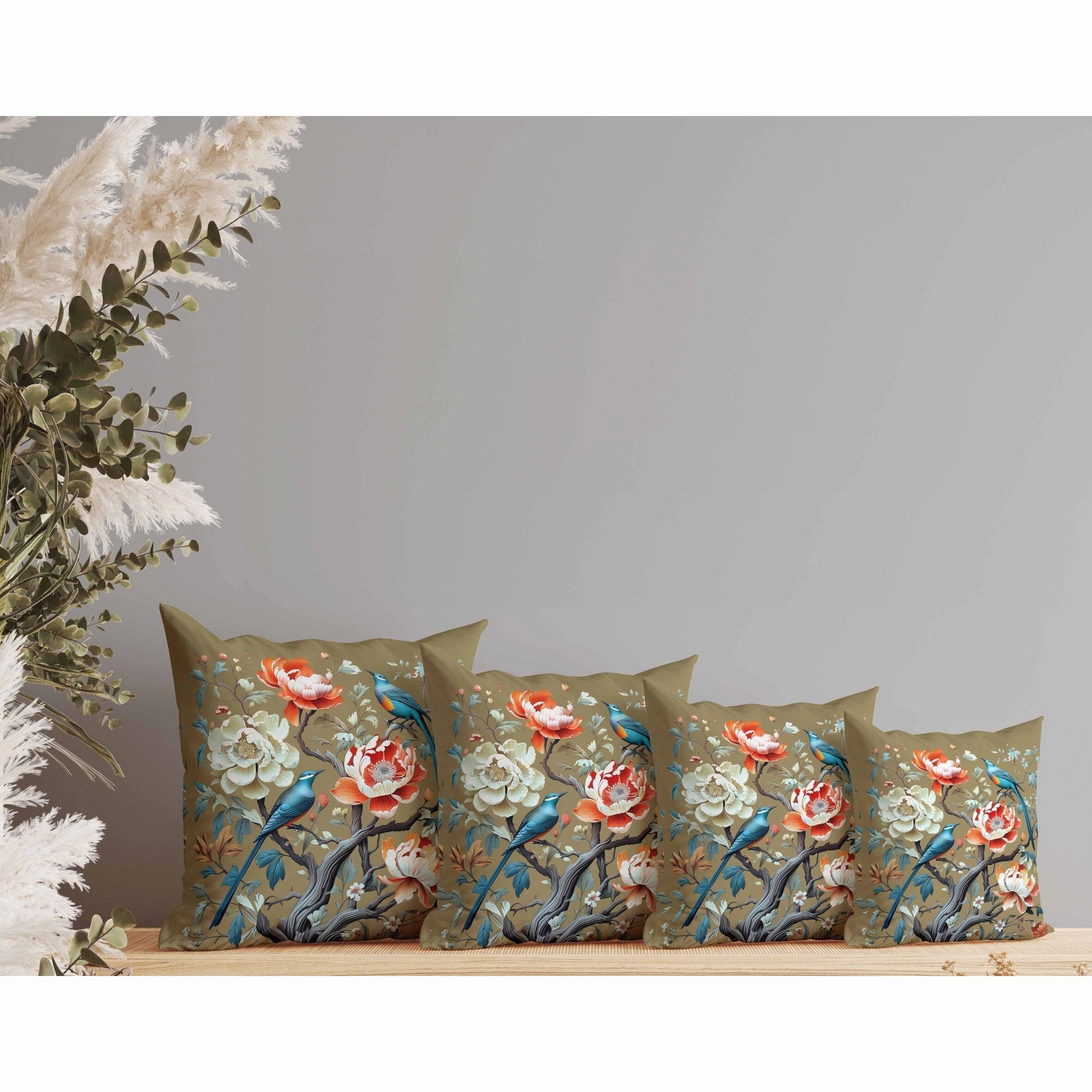 Botanical Bird Ensemble Indoor/Outdoor Reversible Throw Pillow Blue and Orange