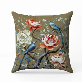 Botanical Bird Ensemble Indoor/Outdoor Reversible Throw Pillow Blue and Orange