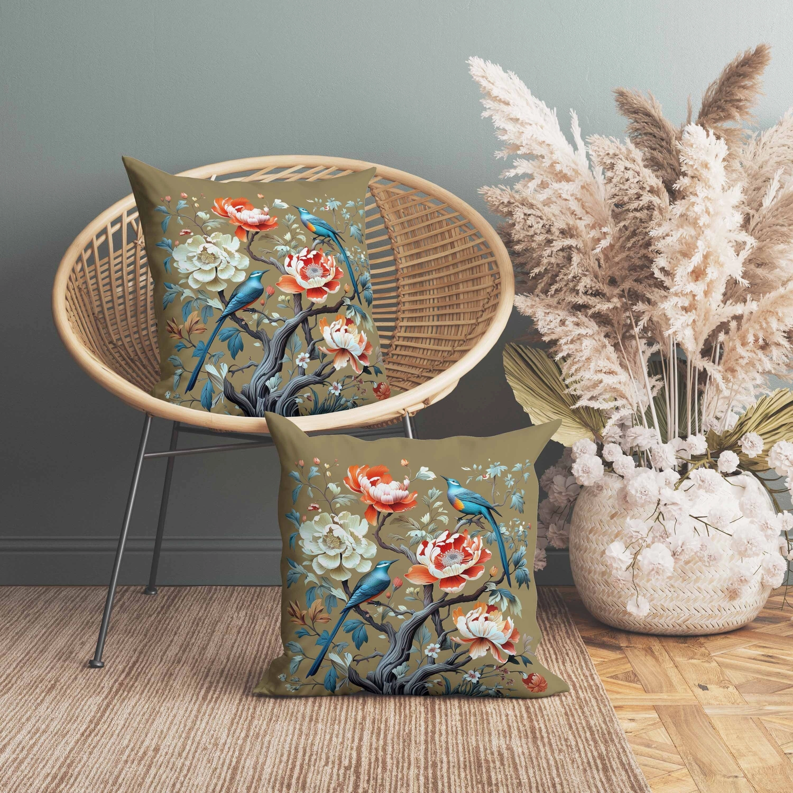 Botanical Bird Ensemble Indoor/Outdoor Reversible Throw Pillow Blue and Orange