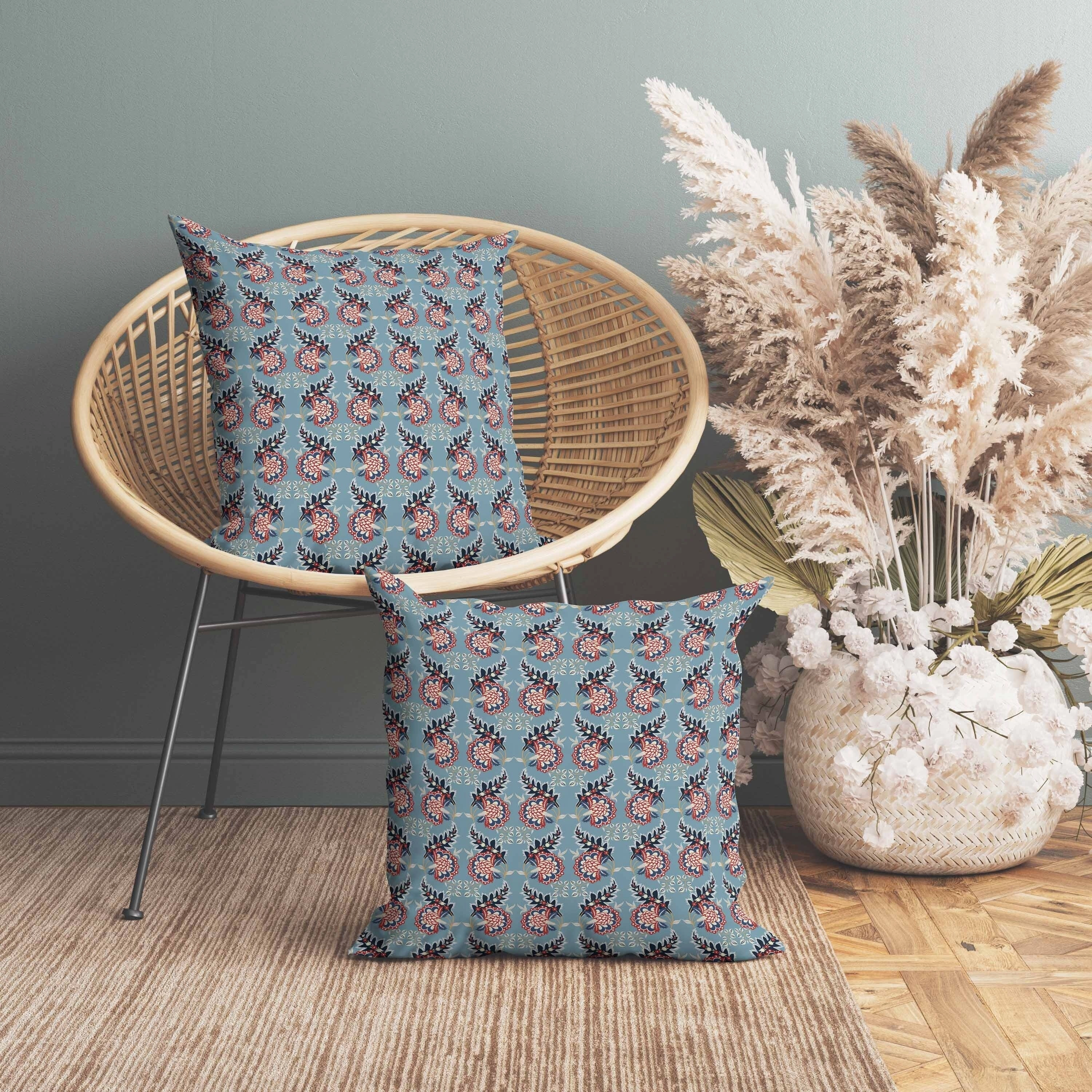 Botanical Bouquet Faux Suede Reversible Throw Pillow Blue and Red
