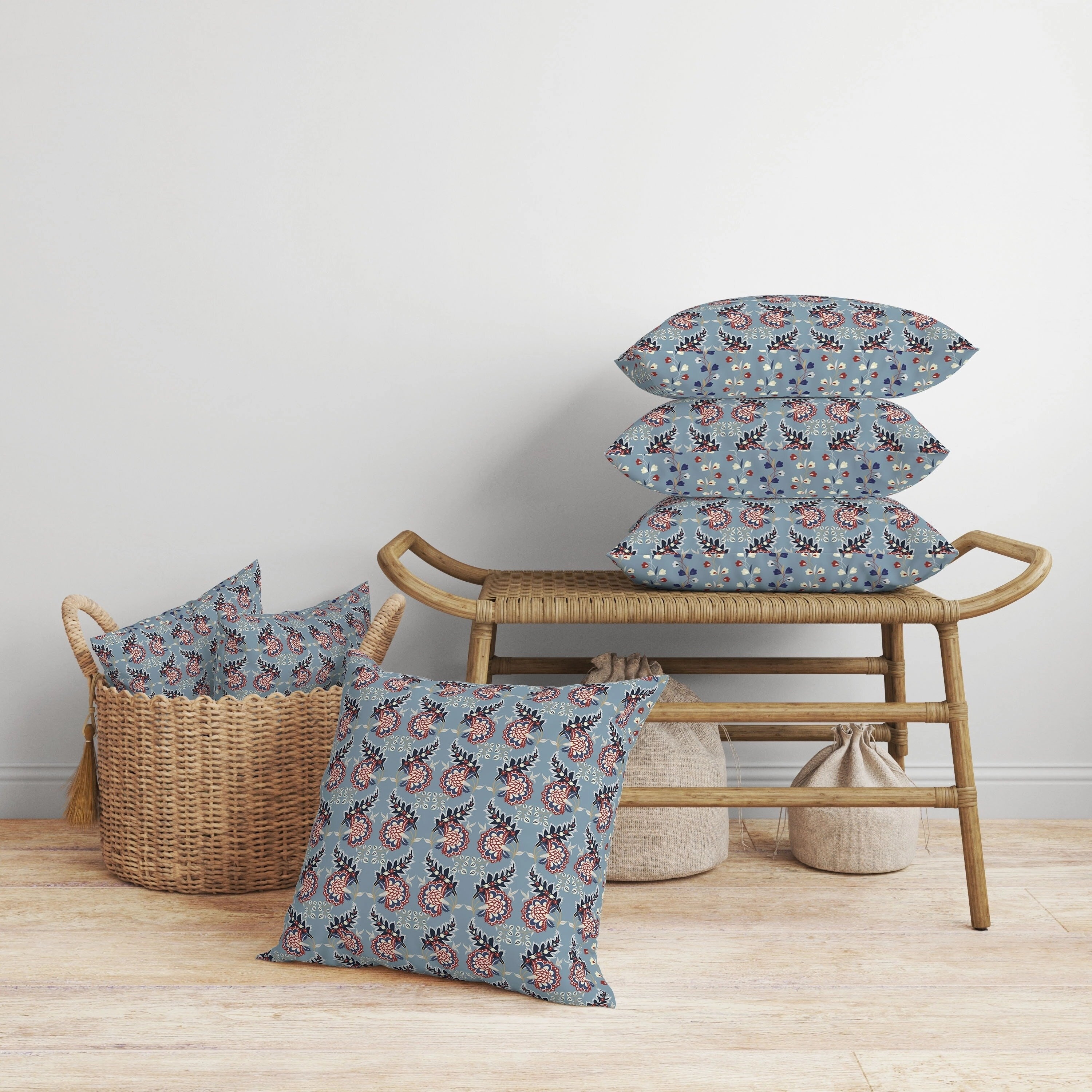 Botanical Bouquet Faux Suede Reversible Throw Pillow Blue and Red