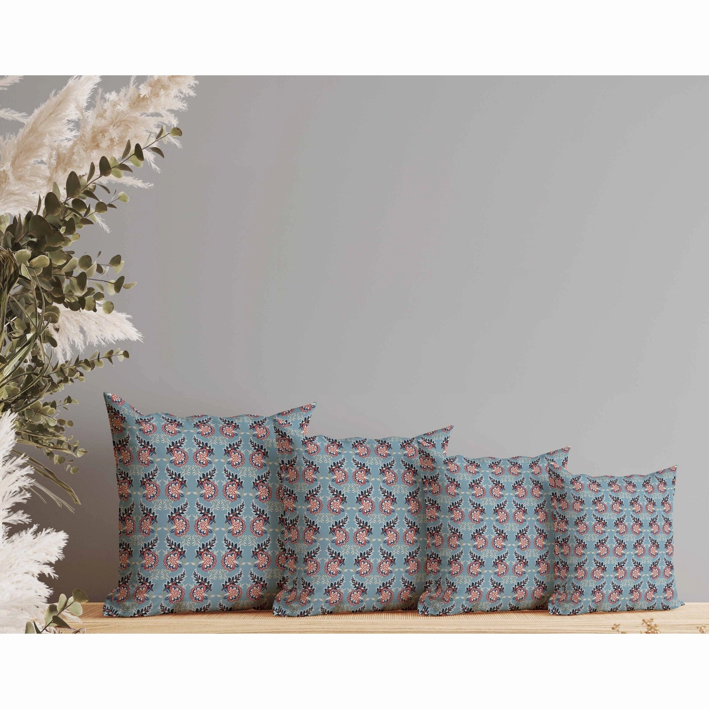 Botanical Bouquet Faux Suede Reversible Throw Pillow Blue and Red