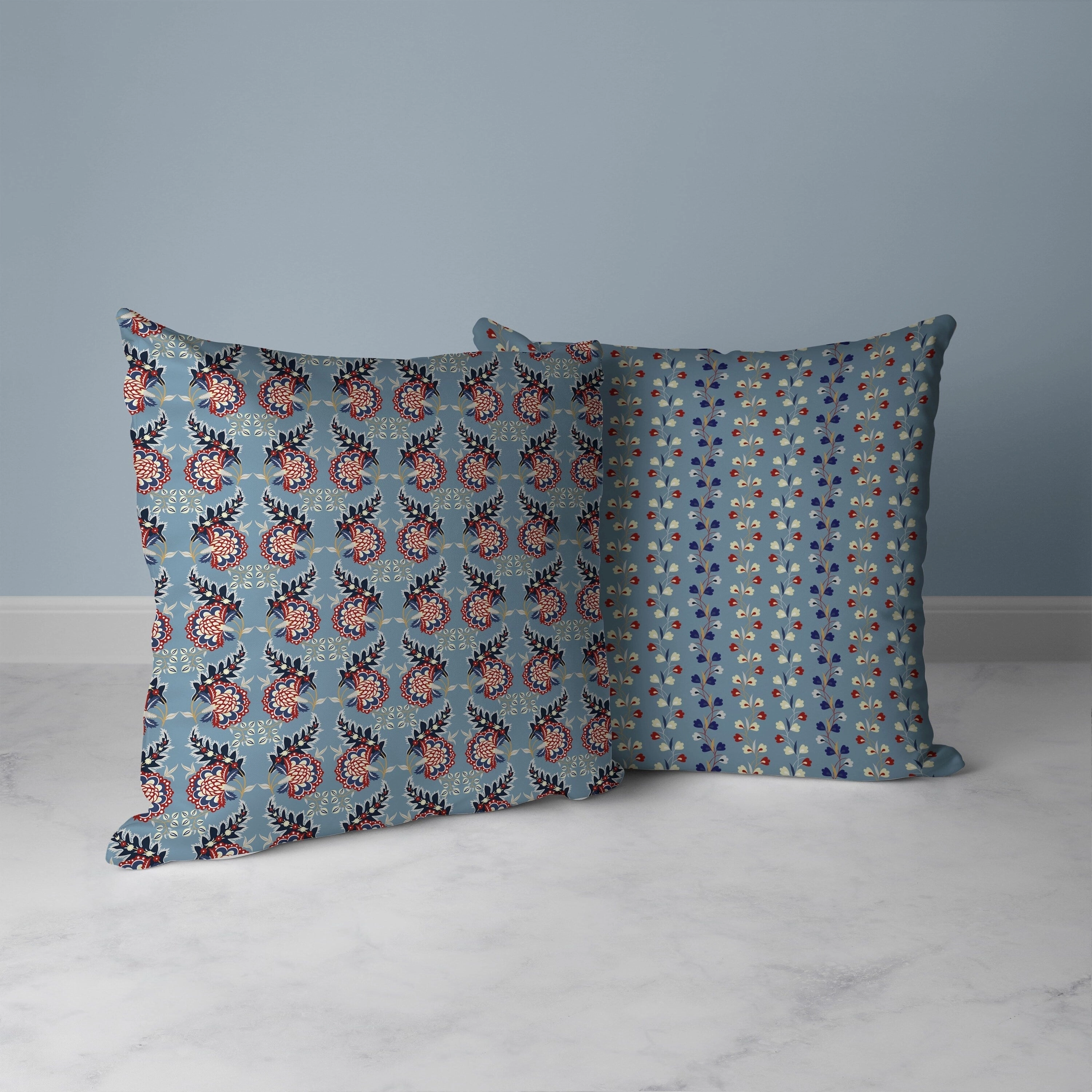Botanical Bouquet Faux Suede Reversible Throw Pillow Blue and Red