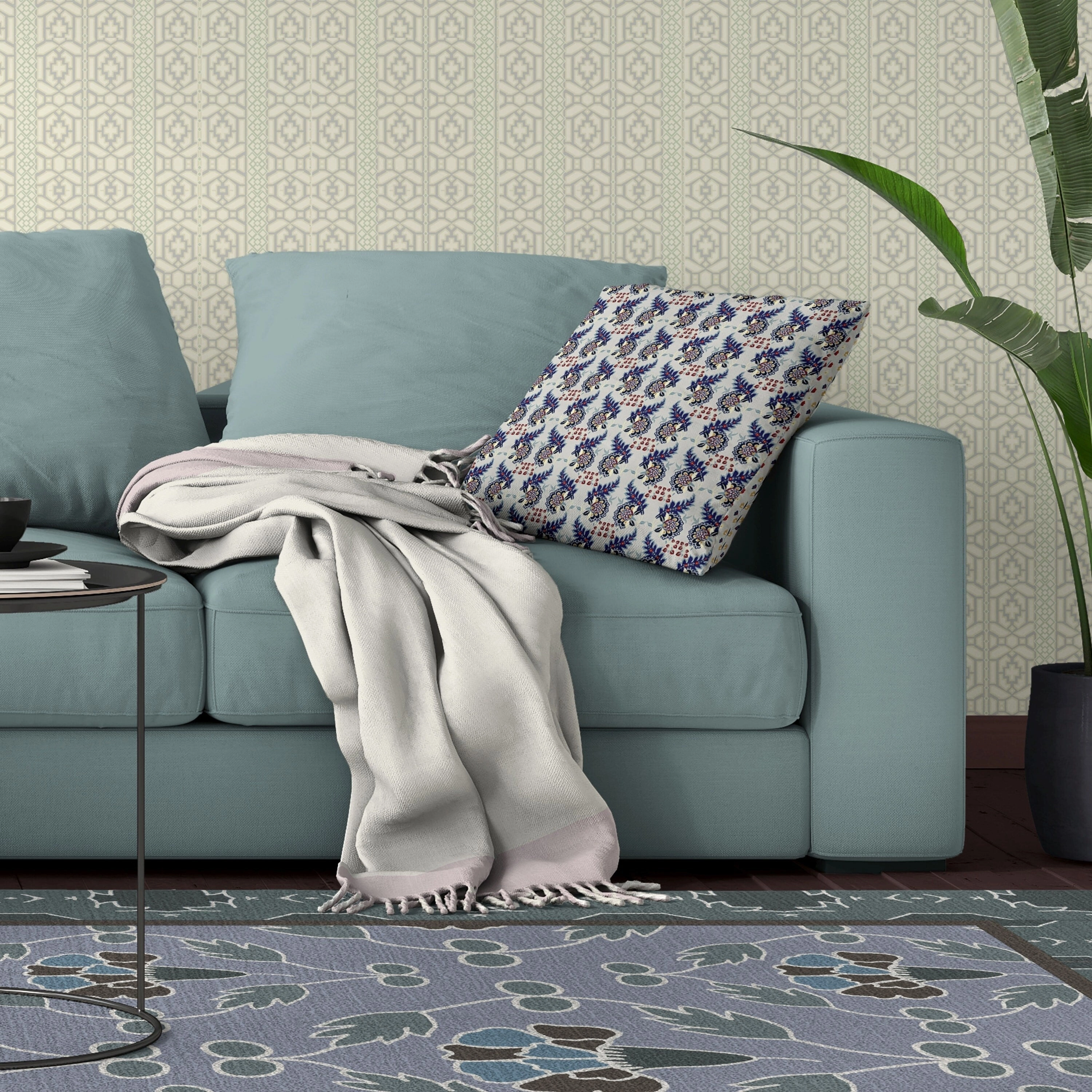Botanical Bouquet Indoor/Outdoor Reversible Throw Pillow Gray and Blue