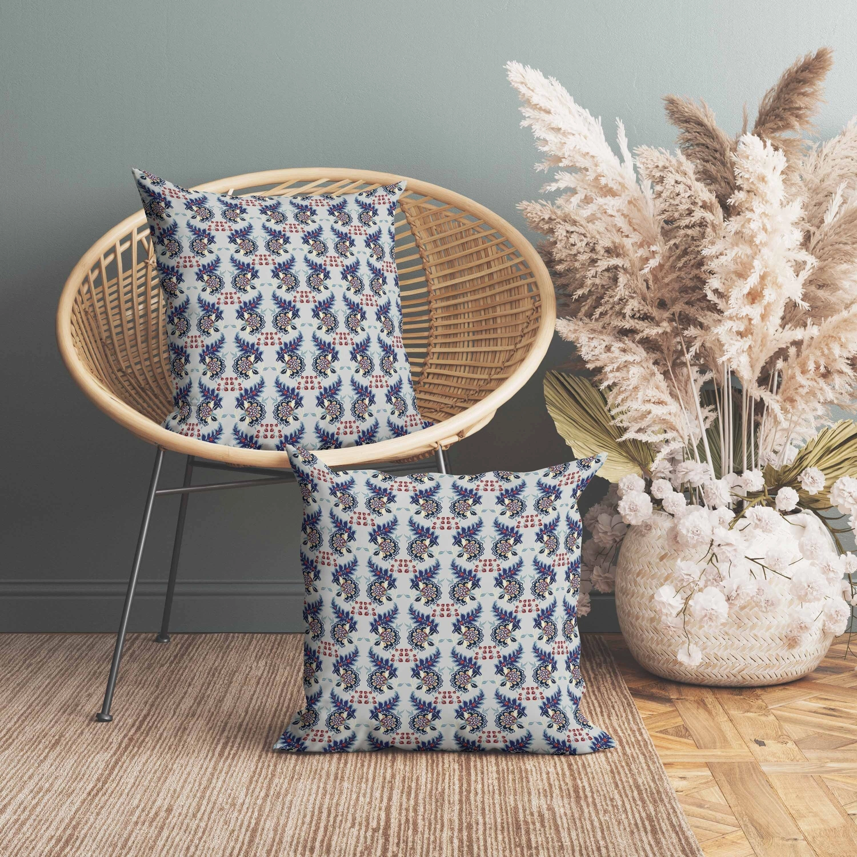 Botanical Bouquet Indoor/Outdoor Reversible Throw Pillow Gray and Blue