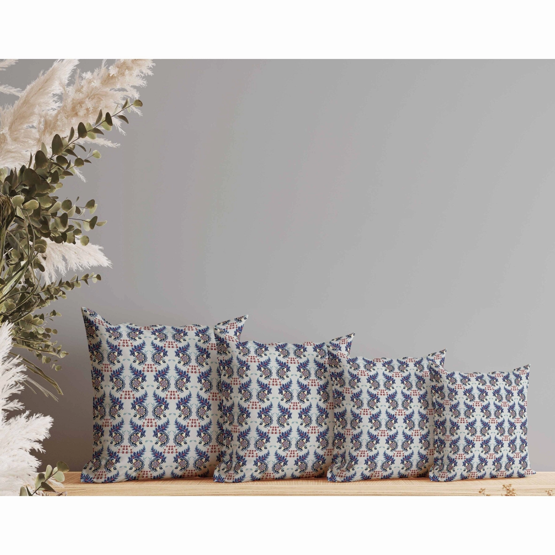 Botanical Bouquet Indoor/Outdoor Reversible Throw Pillow Gray and Blue