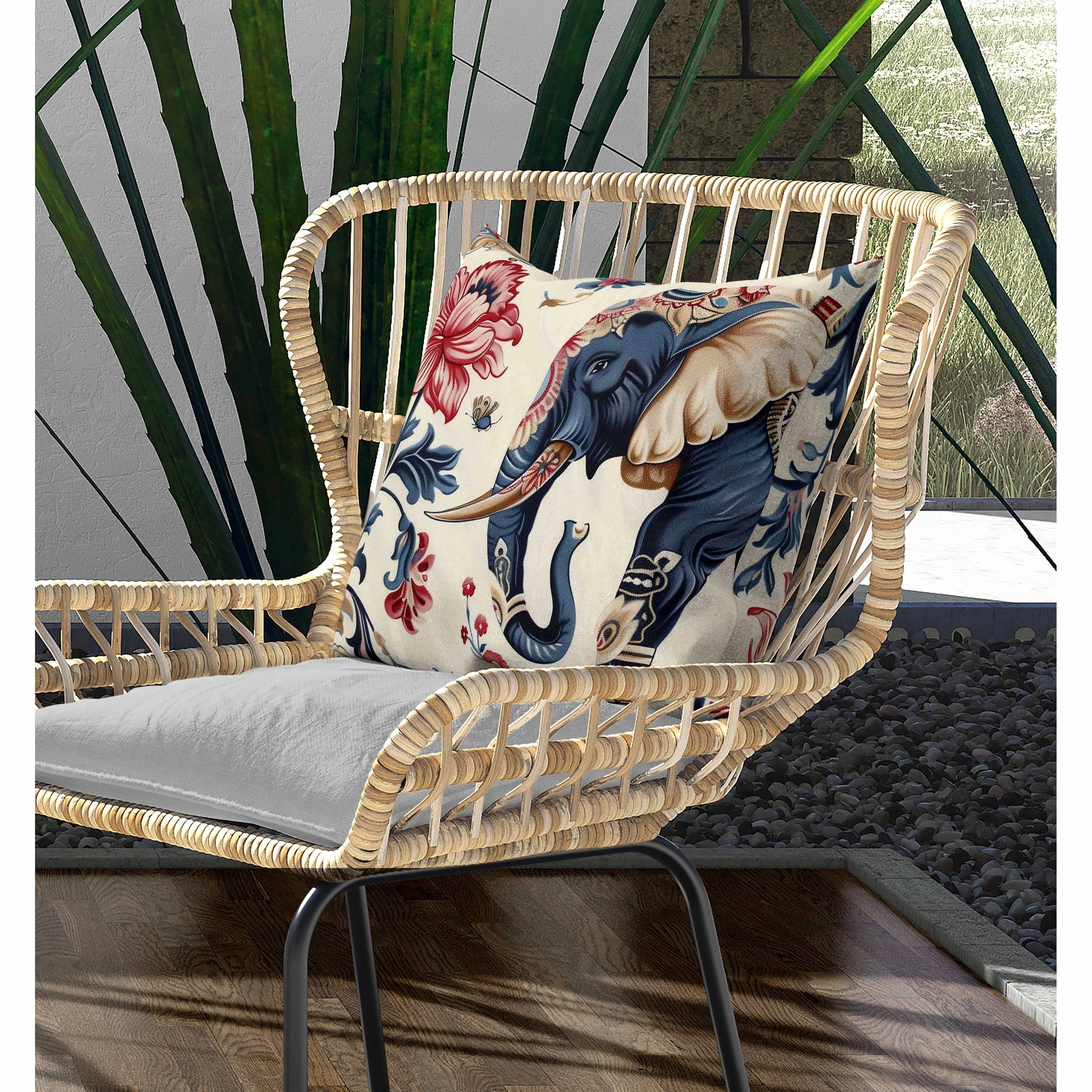 Botanical Elephant Indoor/Outdoor Reversible Throw Pillow Blue and Red