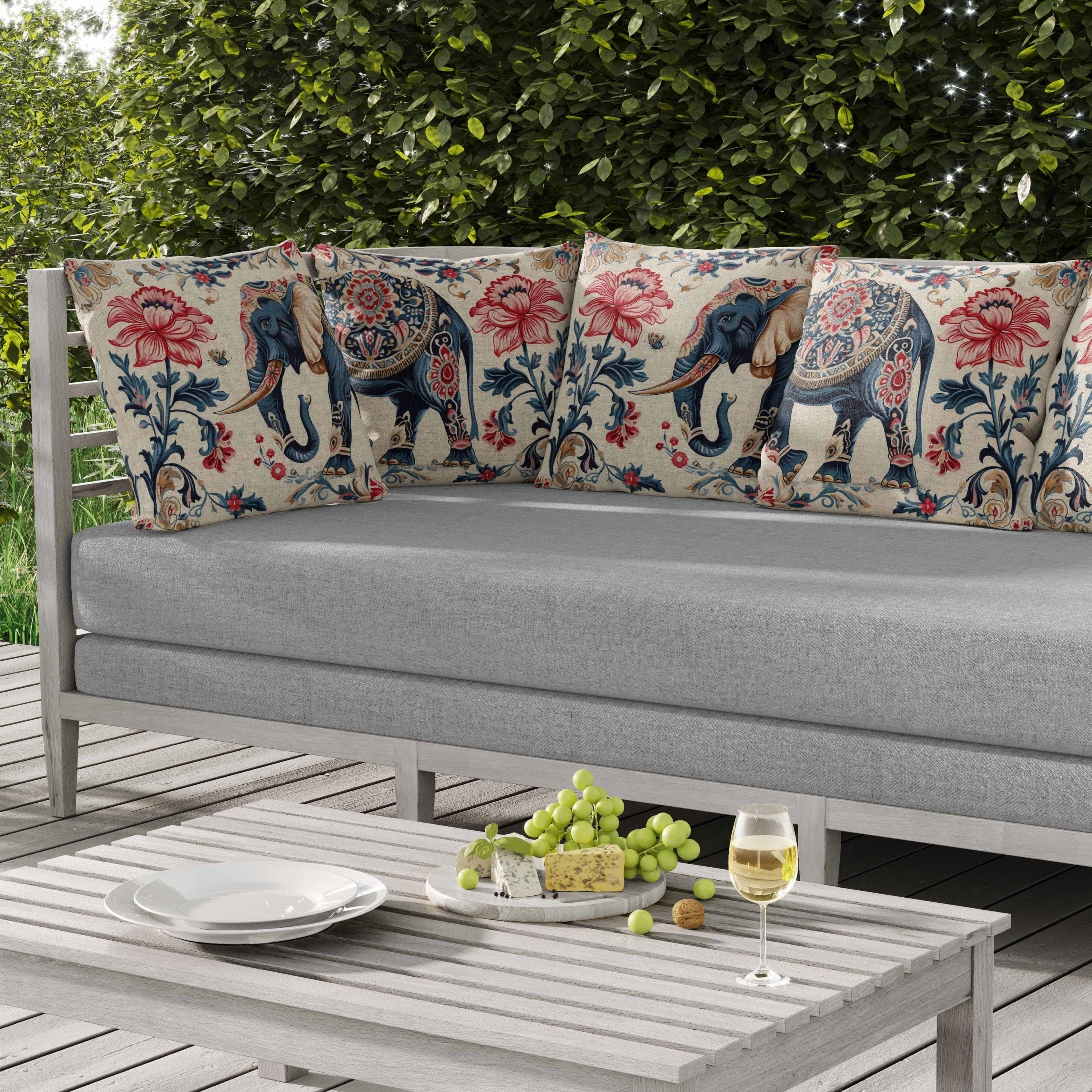 Botanical Elephant Indoor/Outdoor Reversible Throw Pillow Blue and Red