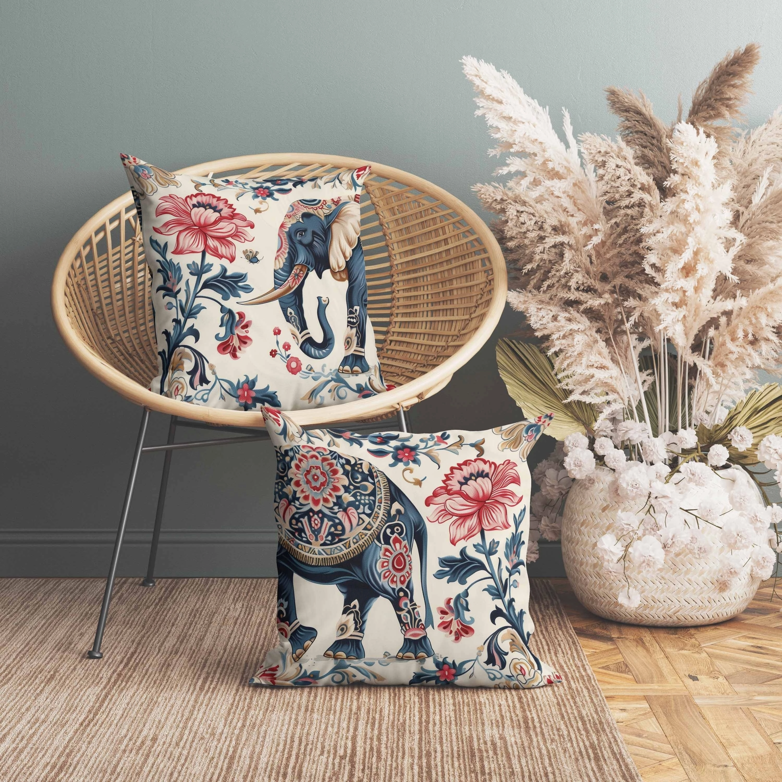 Botanical Elephant Indoor/Outdoor Reversible Throw Pillow Blue and Red