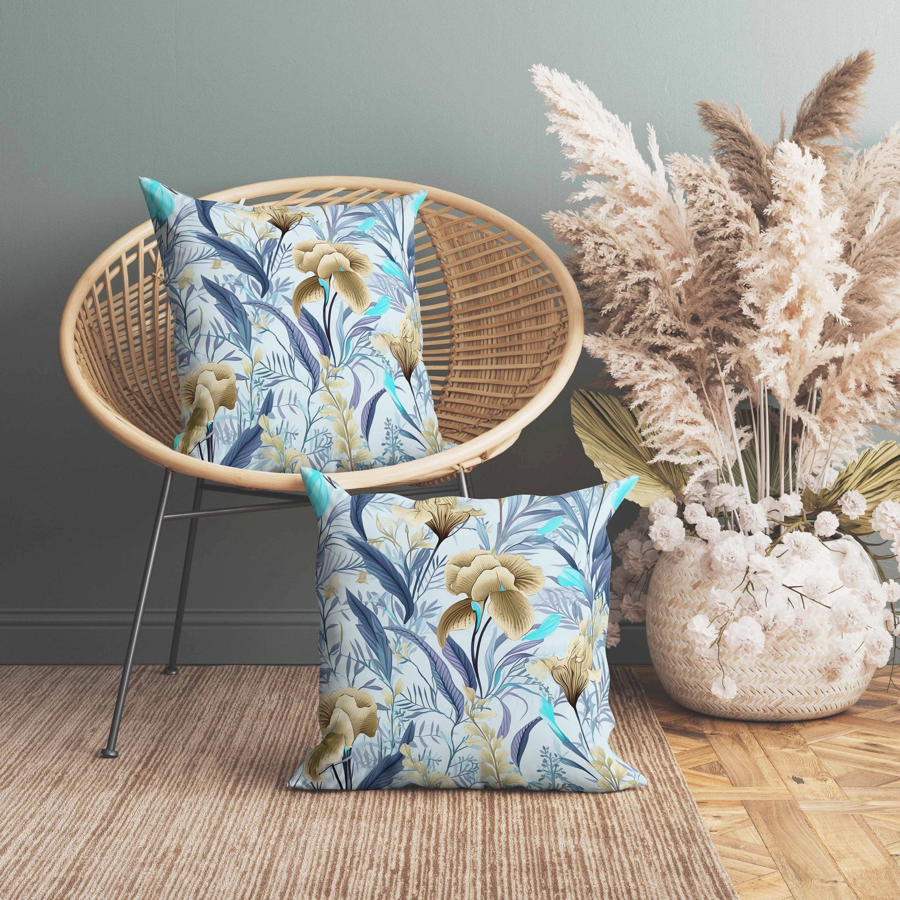 Breezy Buds Indoor/Outdoor Reversible Throw Pillow Blue and Beige