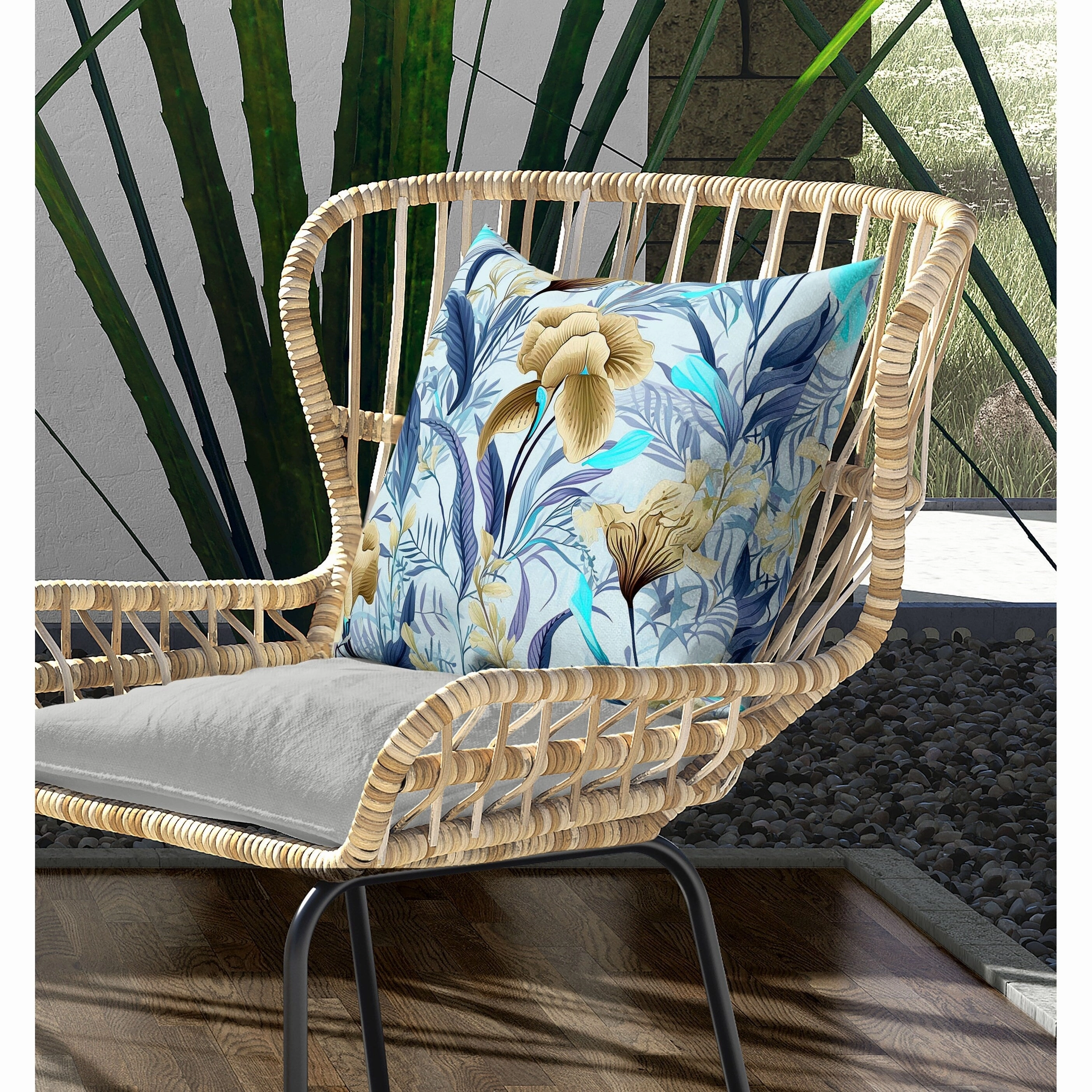 Breezy Buds Indoor/Outdoor Reversible Throw Pillow Blue and Beige