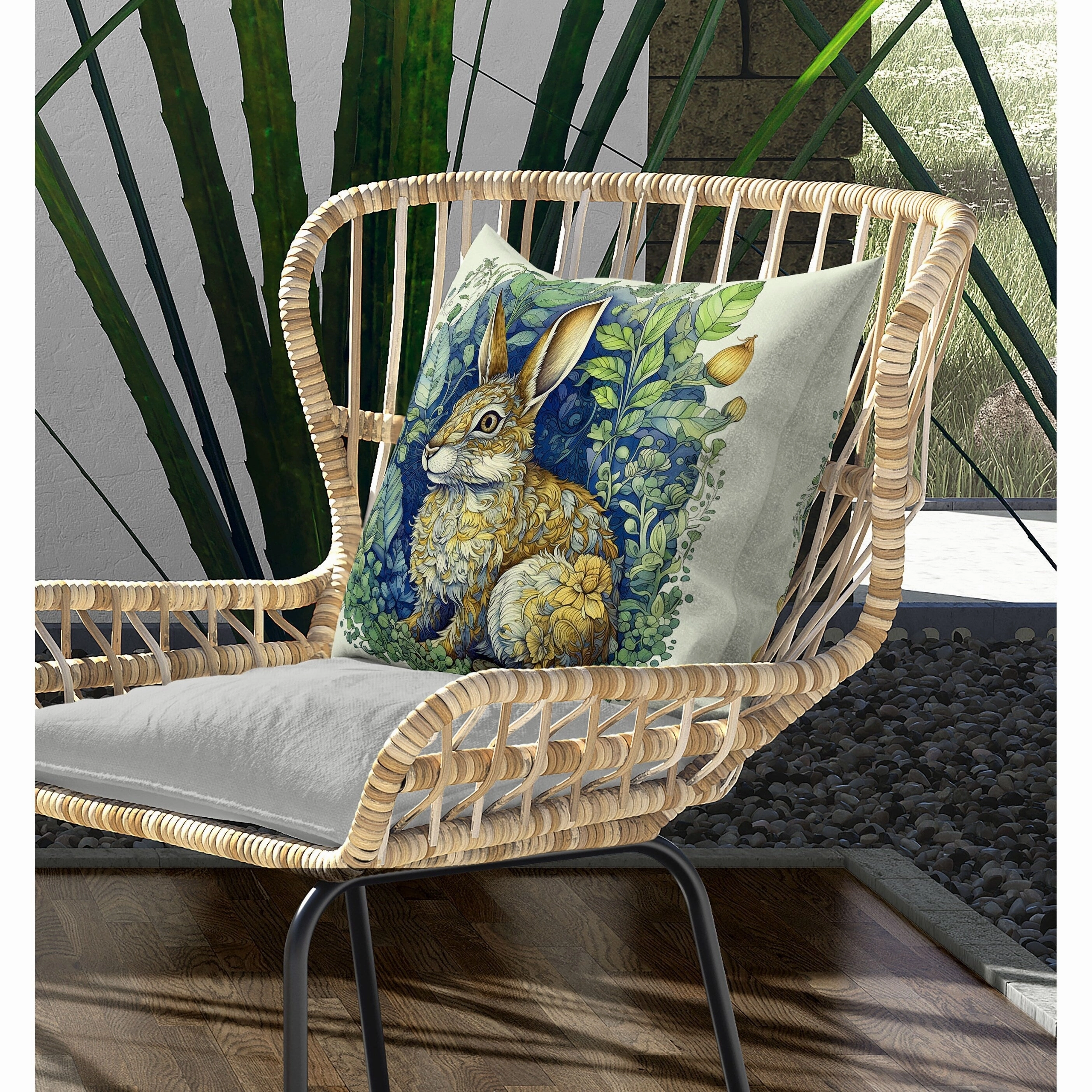 Breezy Bunny Indoor/Outdoor Reversible Throw Pillow Green and Gold