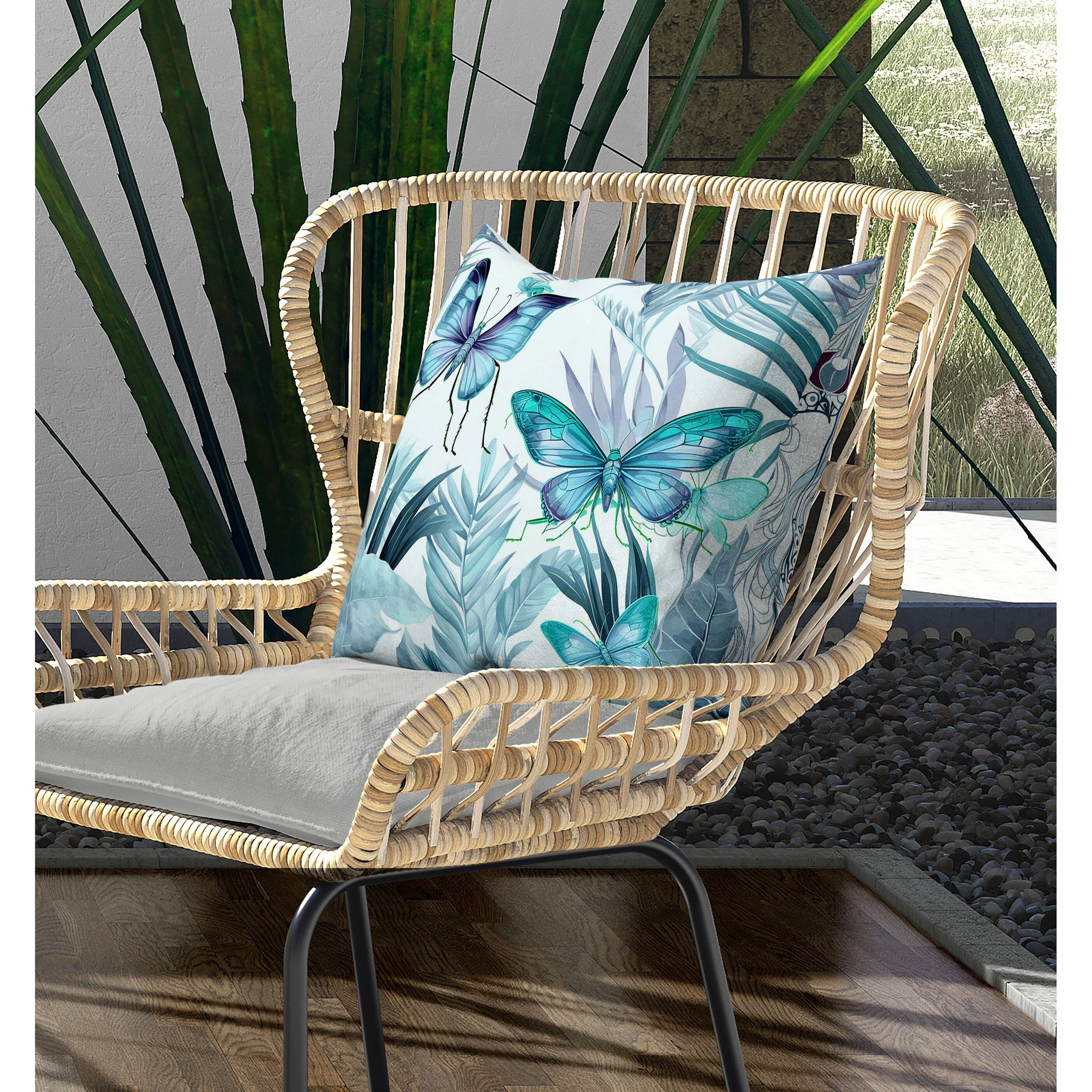 Butterfly Dreams Indoor/Outdoor Reversible Throw Pillow Blue and Grey