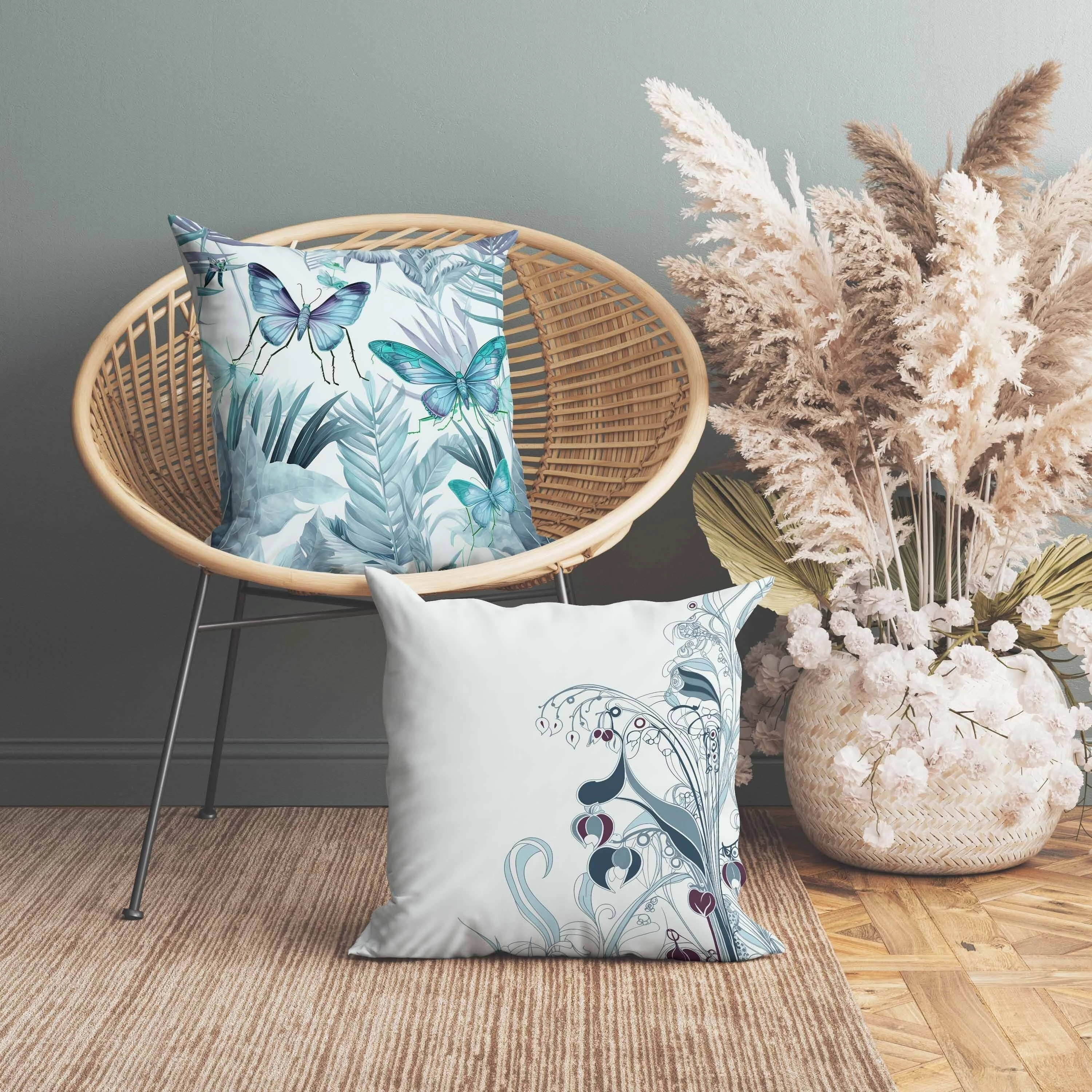 Butterfly Dreams Indoor/Outdoor Reversible Throw Pillow Blue and Grey