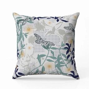 Butterfly Floral Orbit Indoor/Outdoor Reversible Throw Pillow Blue and White