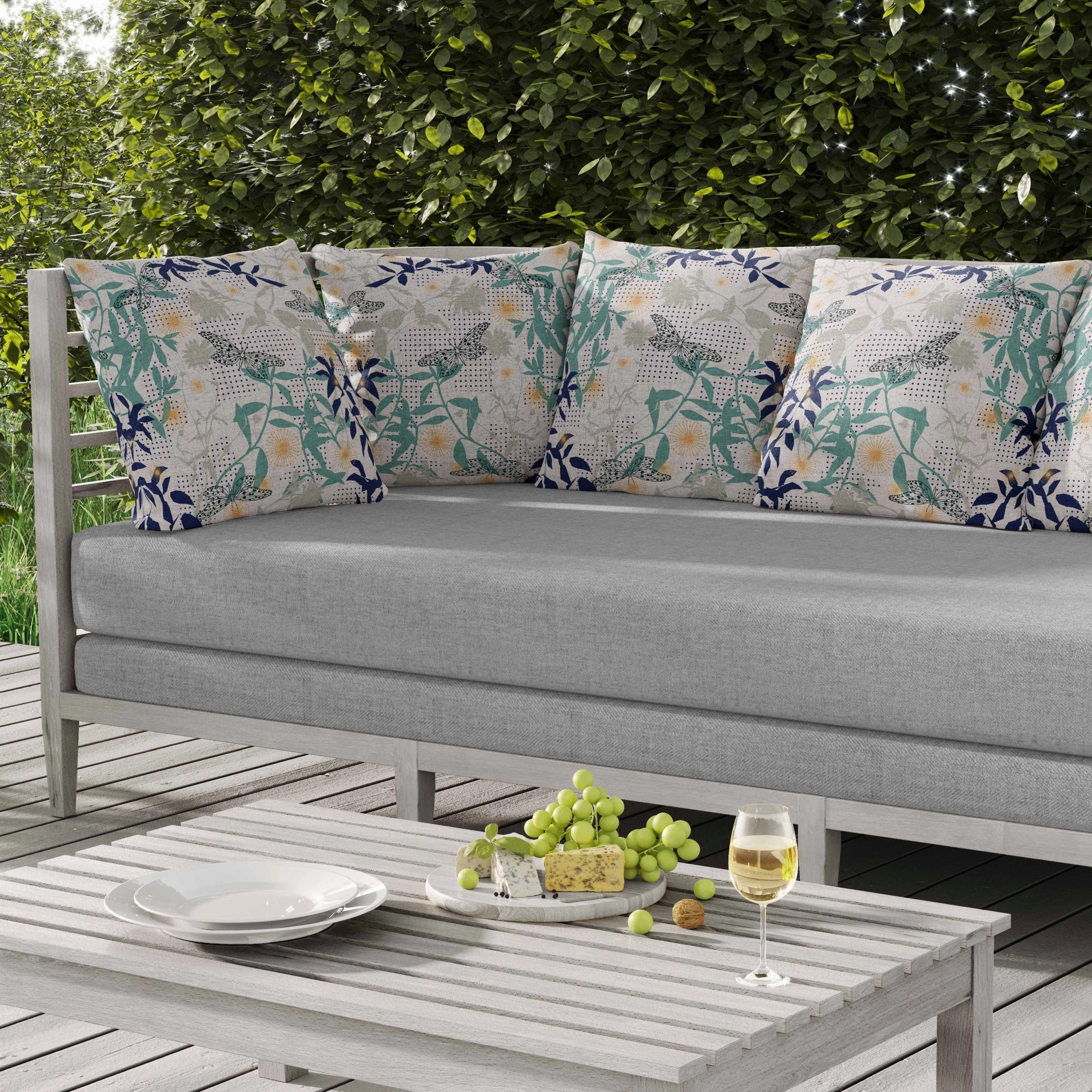 Butterfly Floral Orbit Indoor/Outdoor Reversible Throw Pillow Blue and White