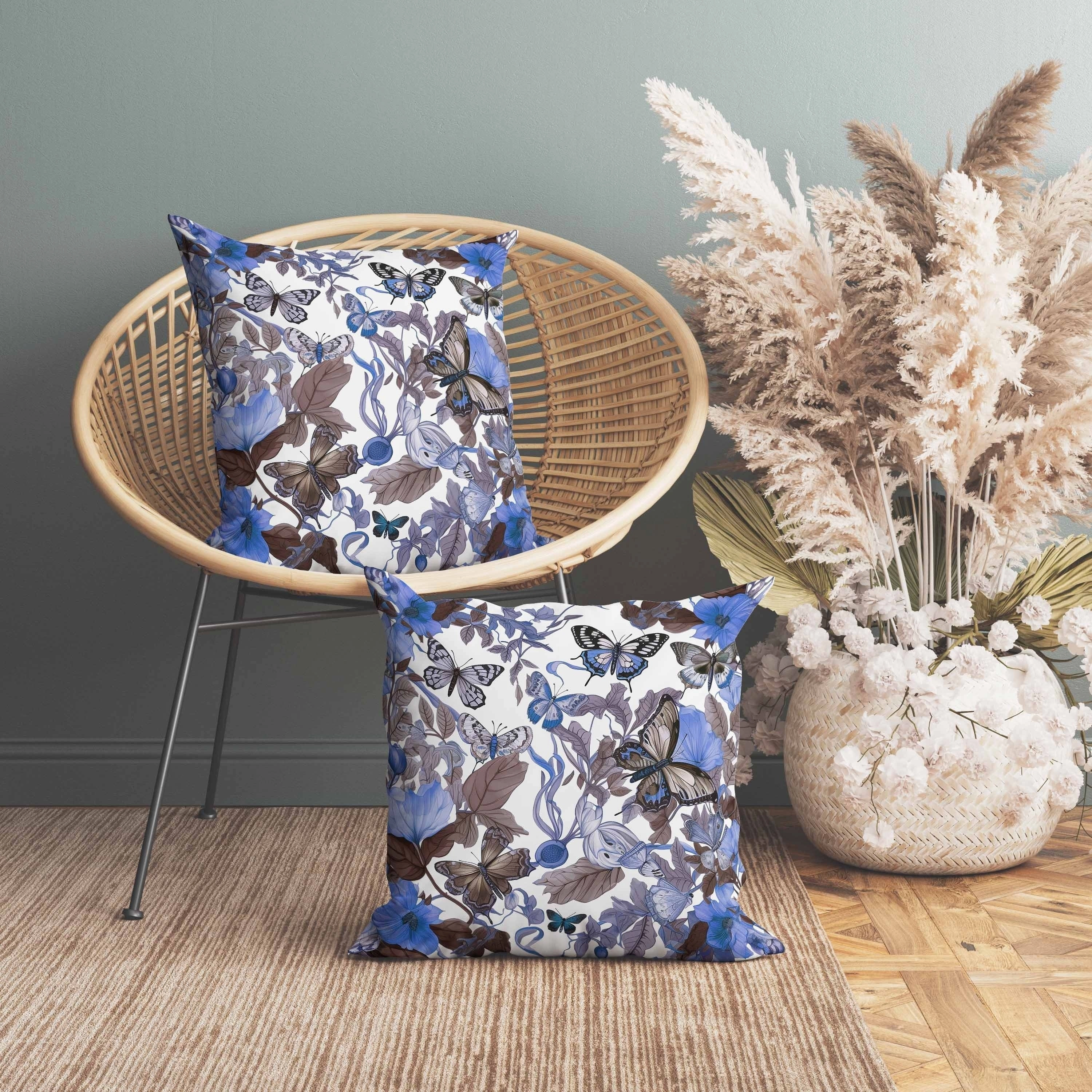 Butterfly Haven Indoor/Outdoor Reversible Throw Pillow Blue and Brown