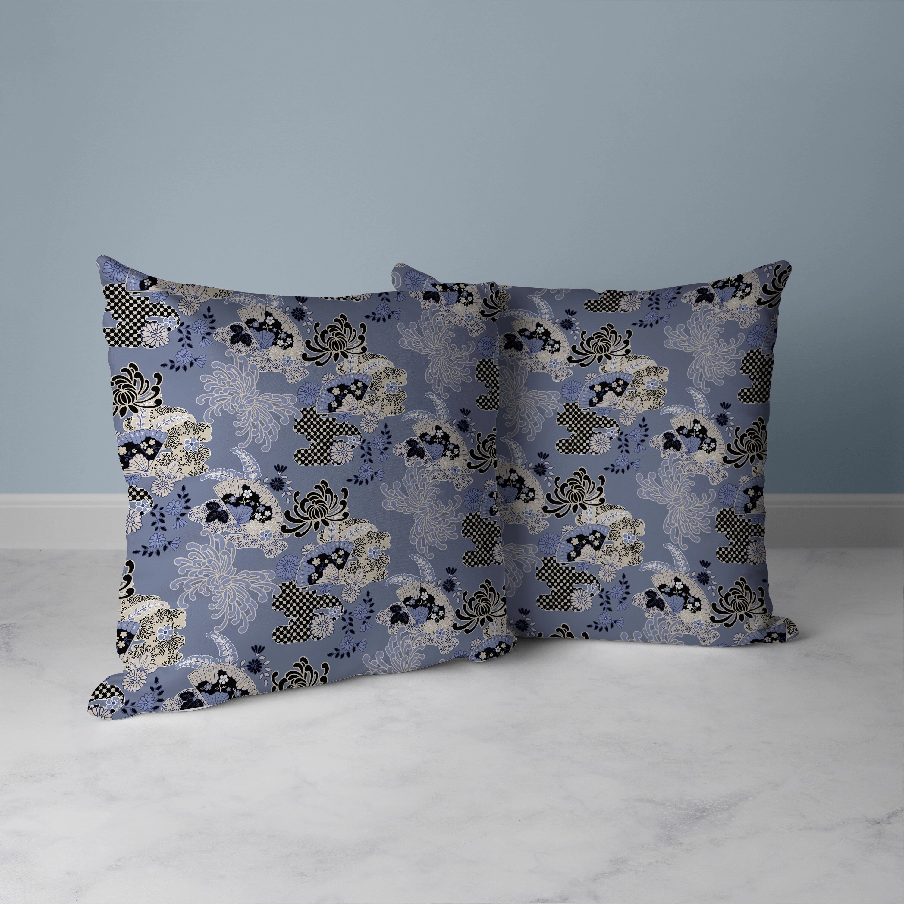 Checkered Waves Faux Suede Reversible Throw Pillow Blue and Black