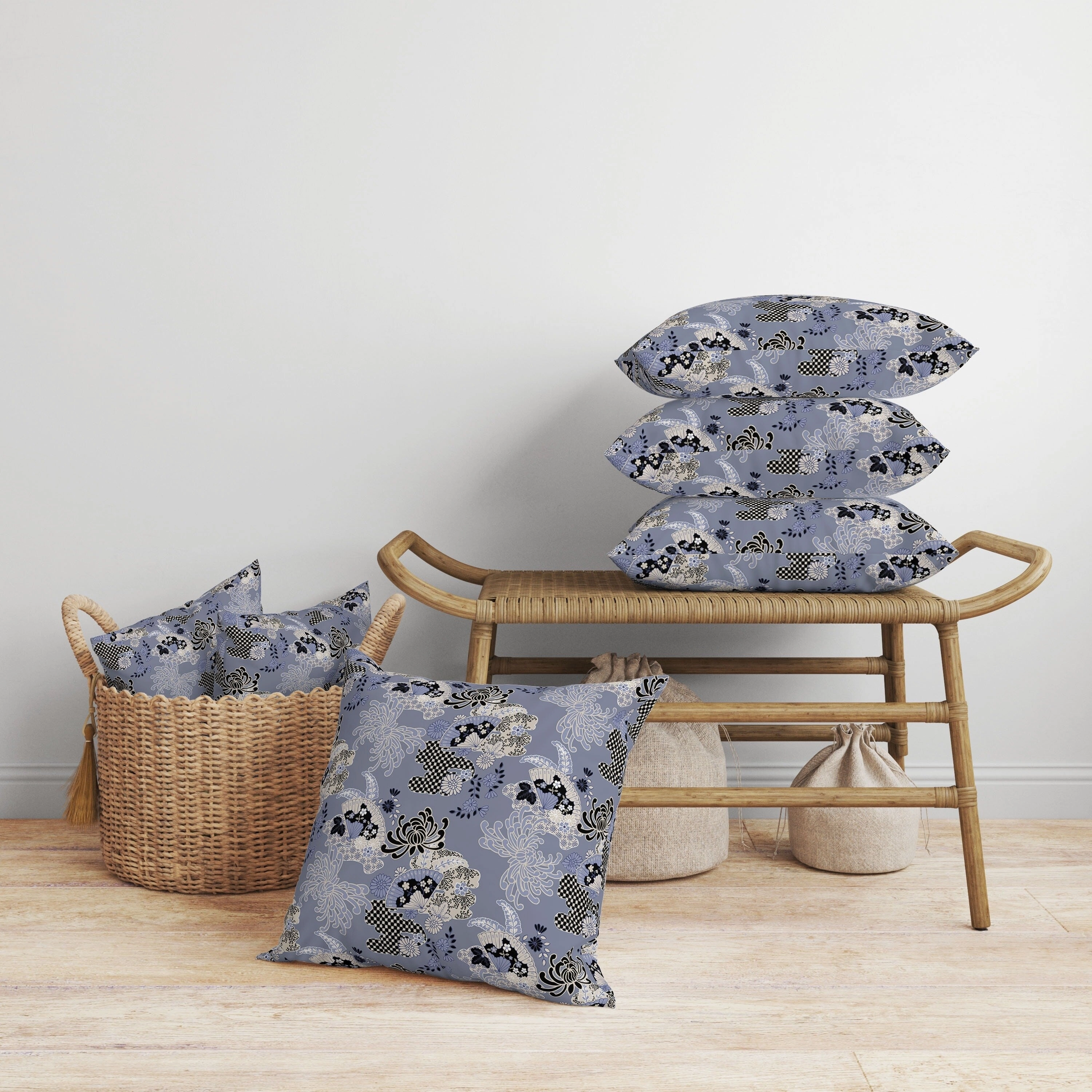 Checkered Waves Faux Suede Reversible Throw Pillow Blue and Black