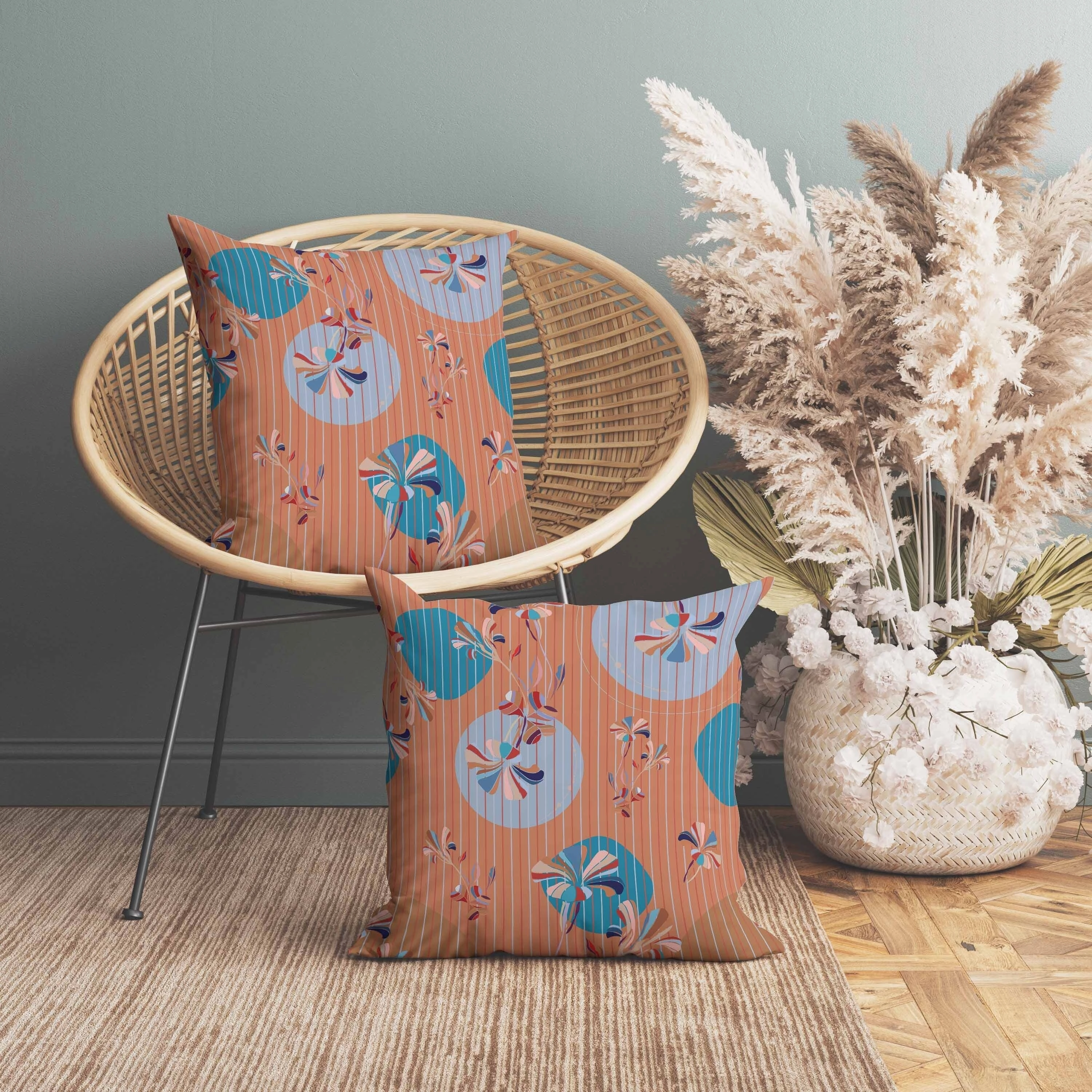 Circular Garden Indoor/Outdoor Reversible Throw Pillow Orange and Cyan