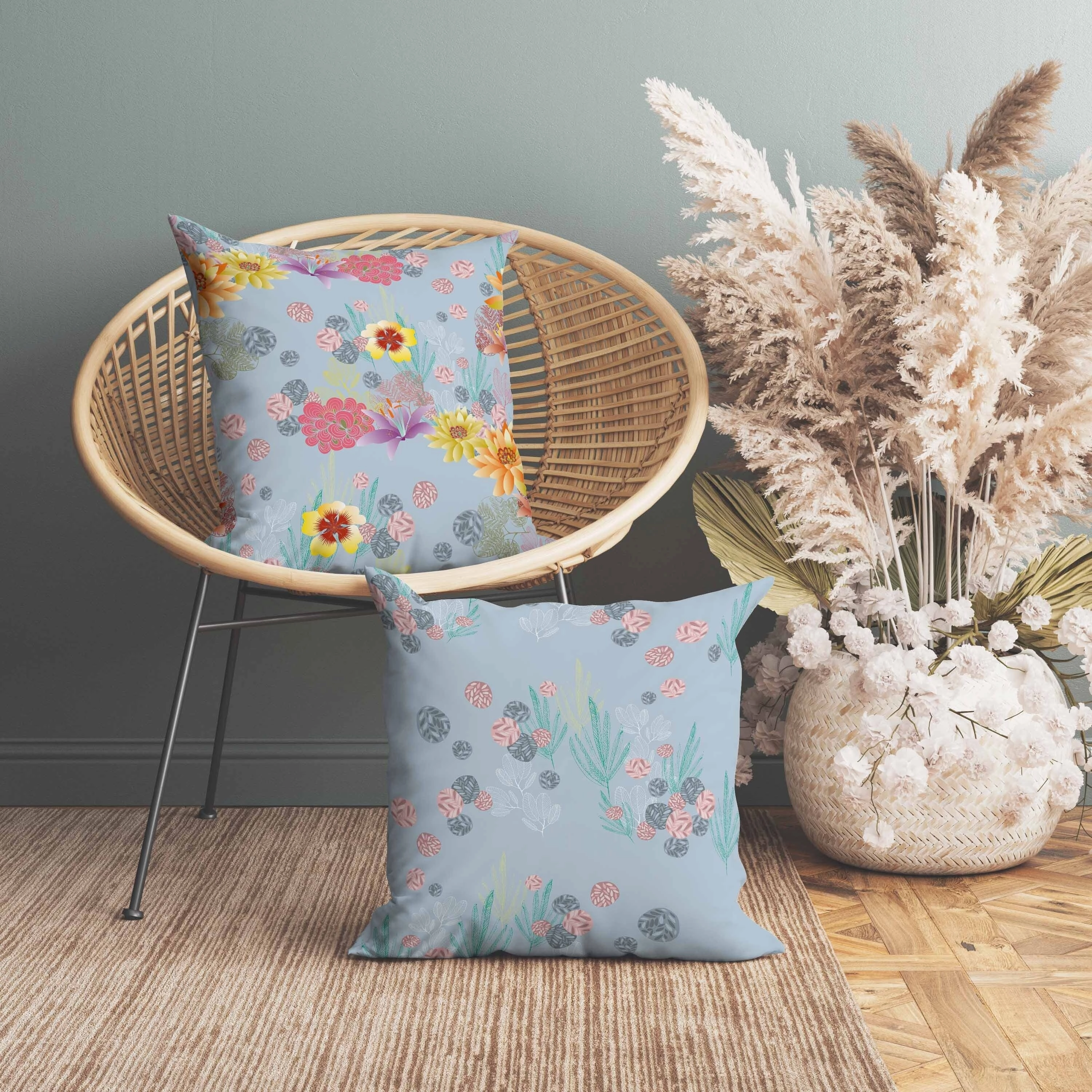 Colorful Flora Indoor/Outdoor Reversible Throw Pillow Blue and Multi
