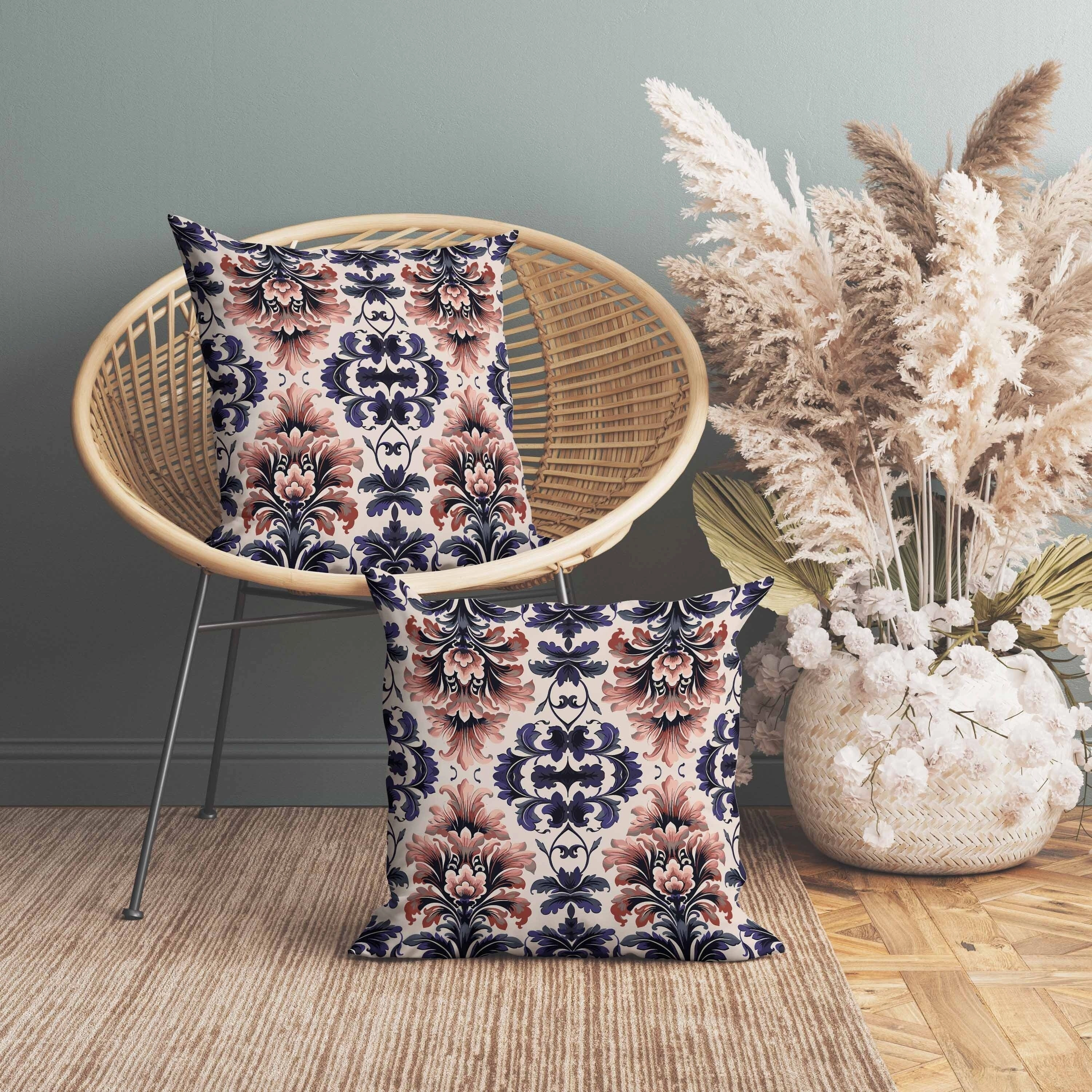 Damask Rapture Faux Suede Reversible Throw Pillow Grey and Blue