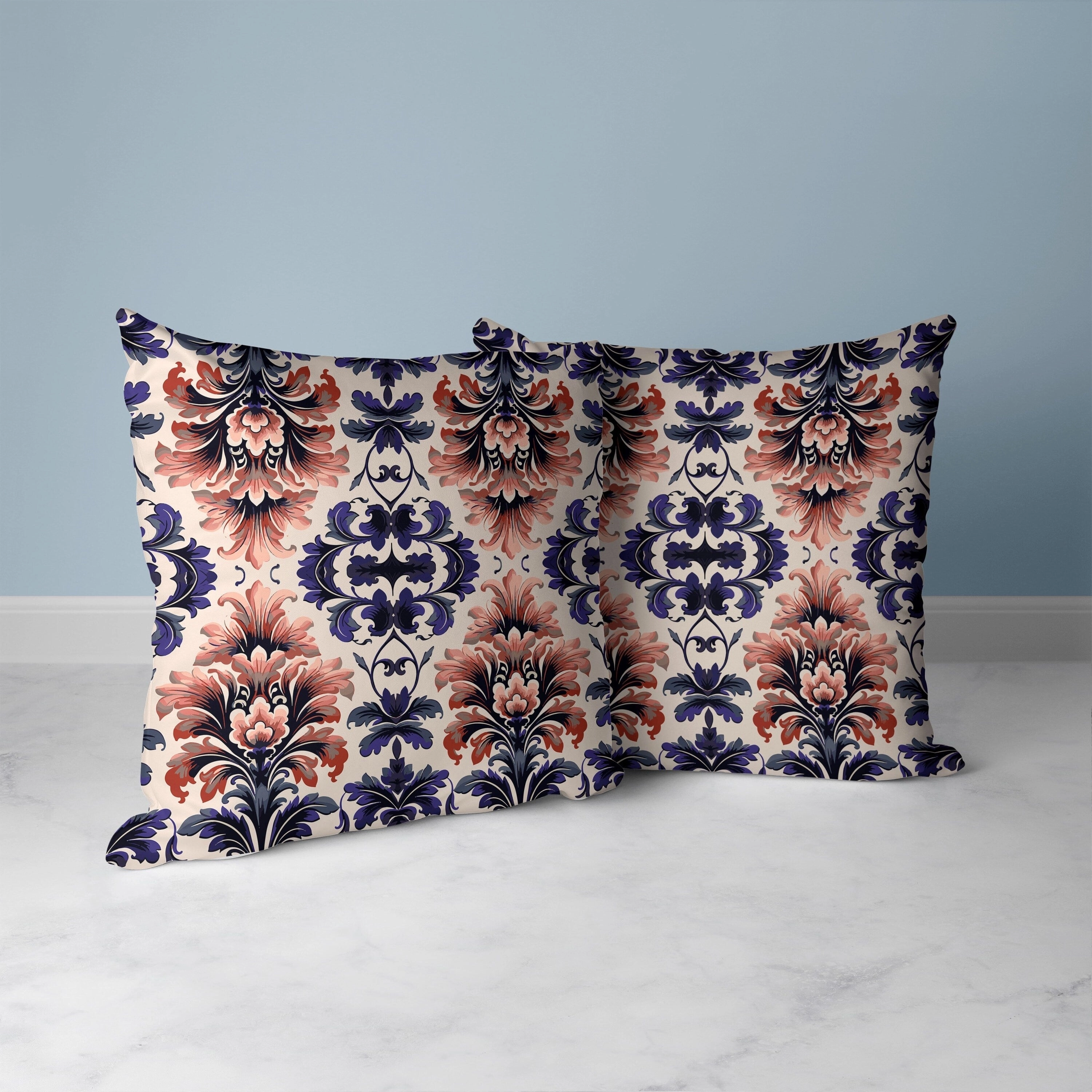 Damask Rapture Faux Suede Reversible Throw Pillow Grey and Blue