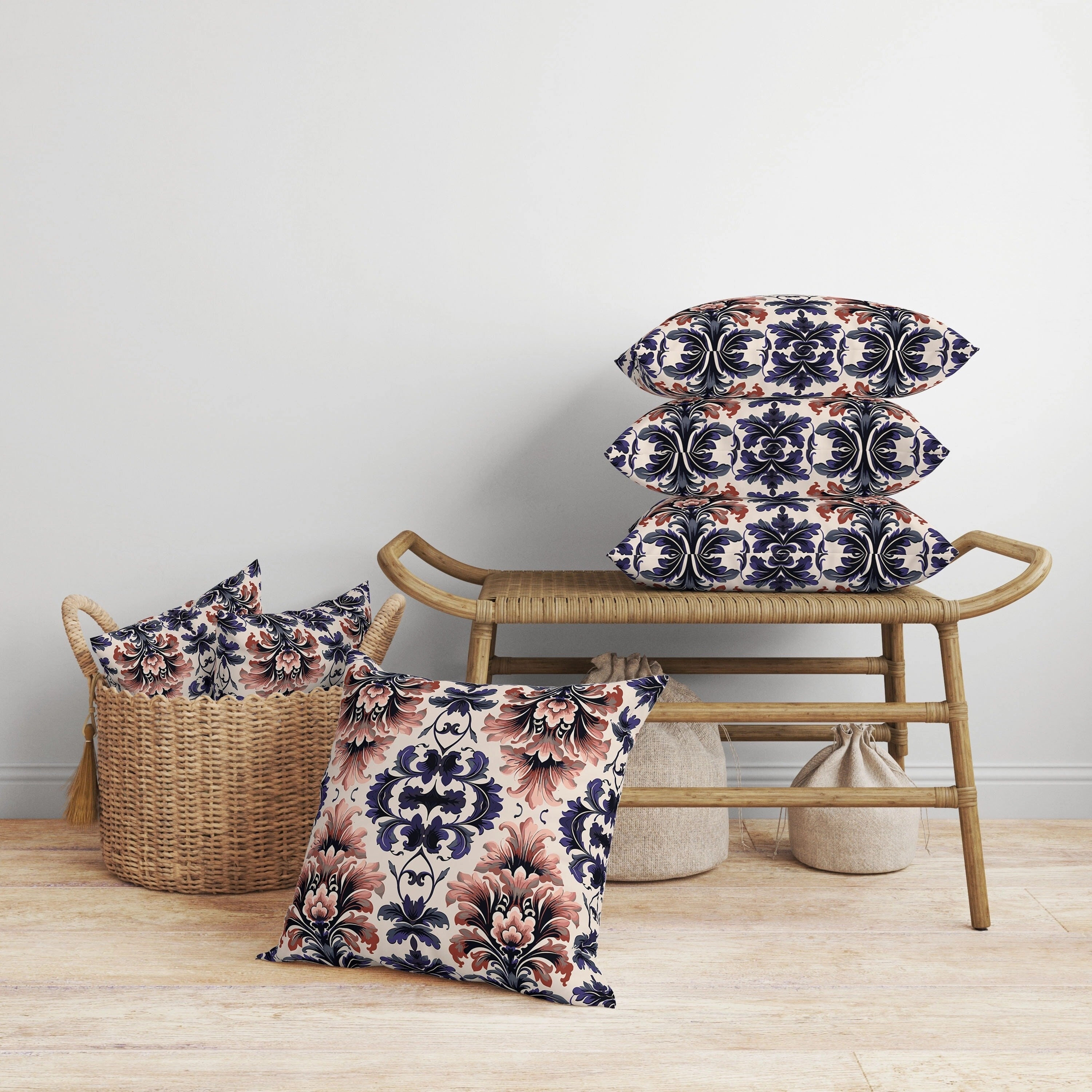 Damask Rapture Faux Suede Reversible Throw Pillow Grey and Blue