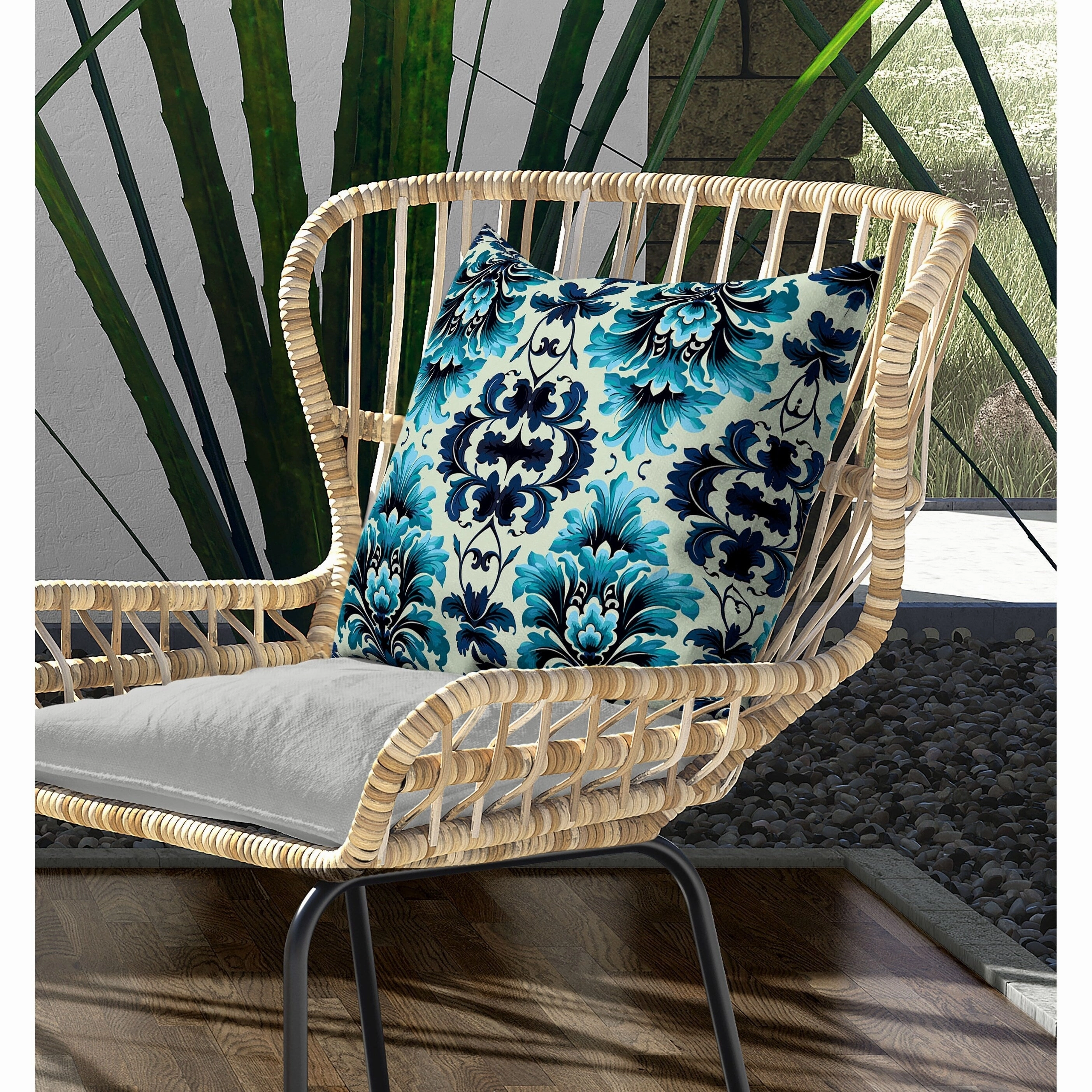 Damask Rapture Indoor/Outdoor Reversible Throw Pillow Blue and Turquoise